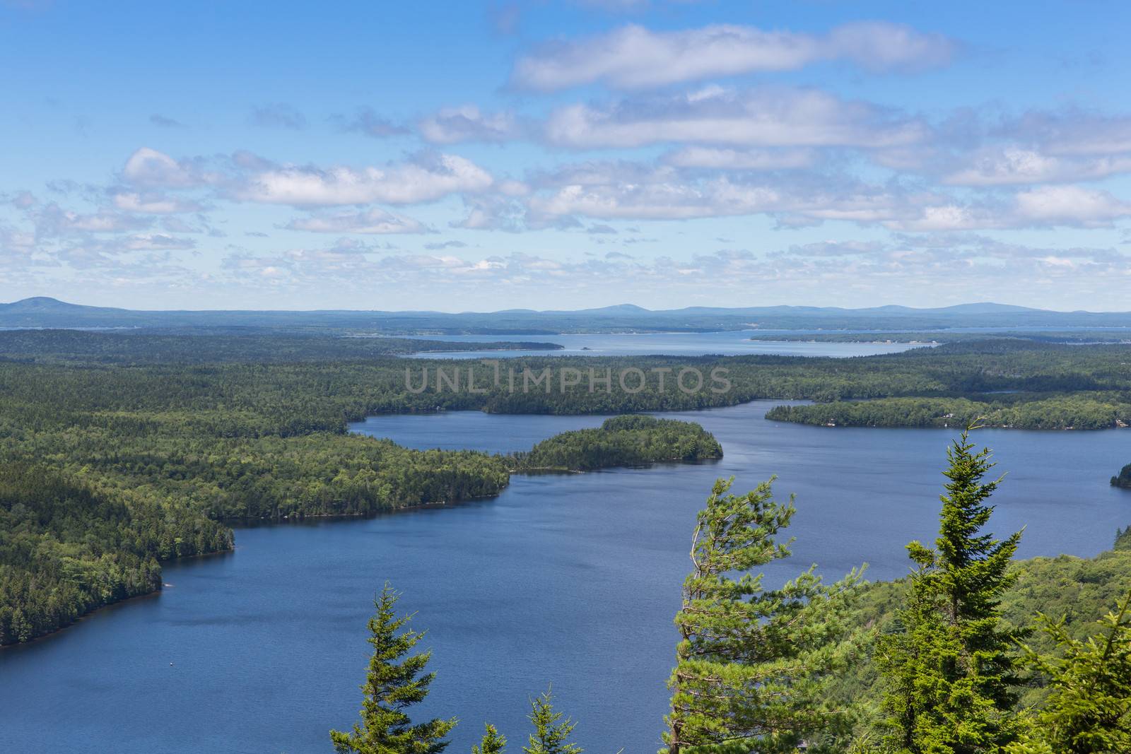This is a view from the side of Beech Mountain looking across Echo Lake and Mount Desert Island to the Maine mainland.