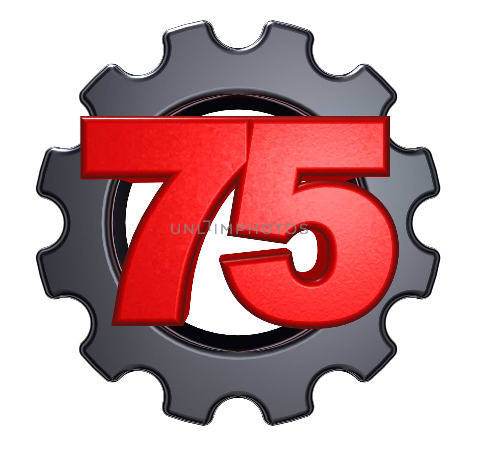 number seventy five and gear wheel on white background - 3d illustration