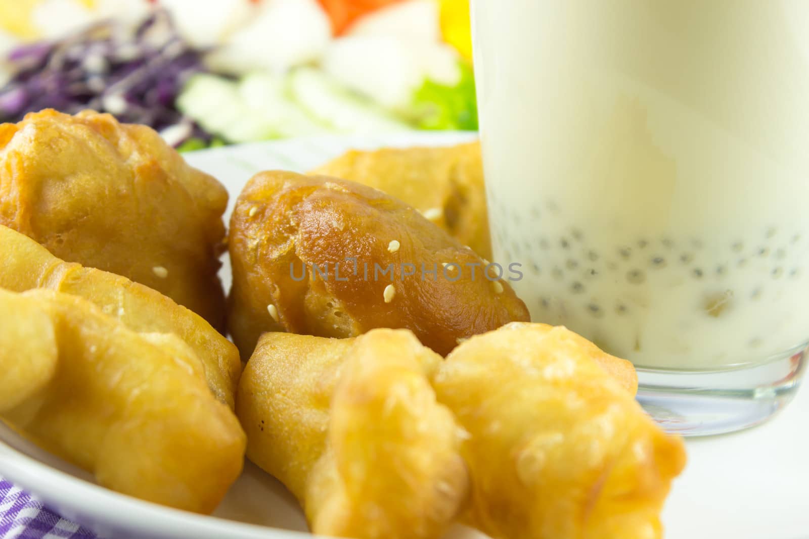 close-up soybean milk and deep-fried dough stick for breakfast