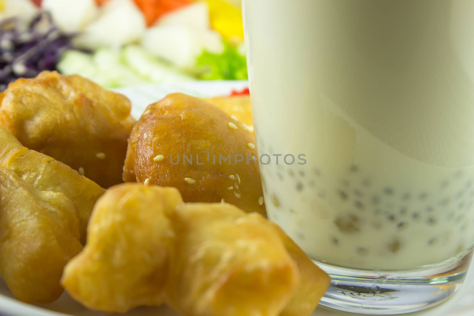 close-up soybean milk and deep-fried dough stick for breakfast