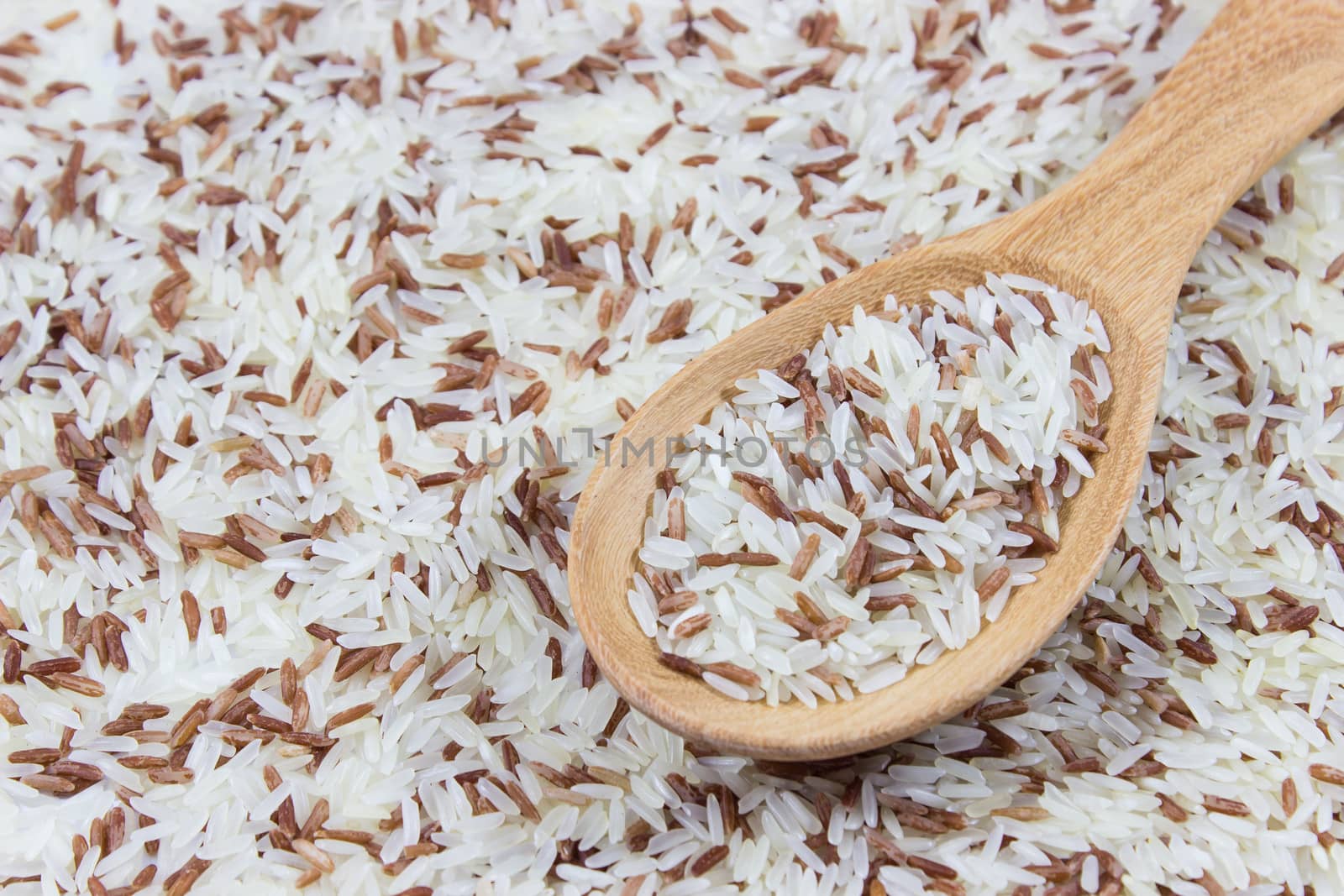 Red and white rice on spoon