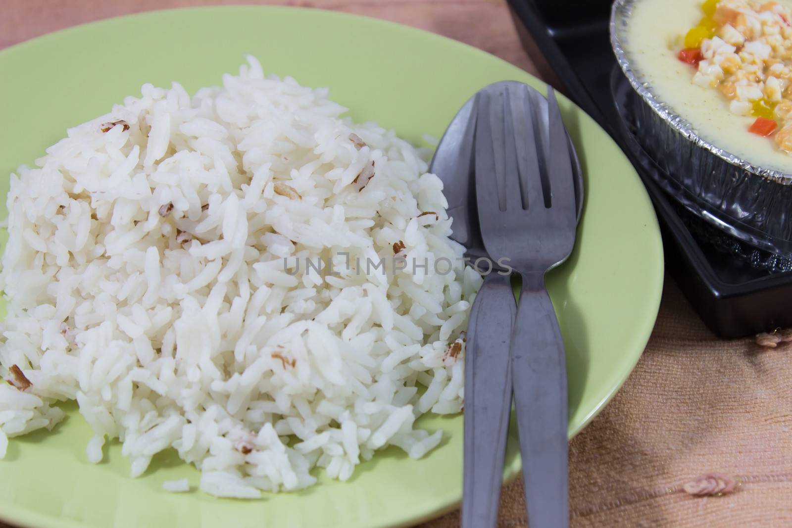 Thai cuisine rice on  dish and steamed egg custard