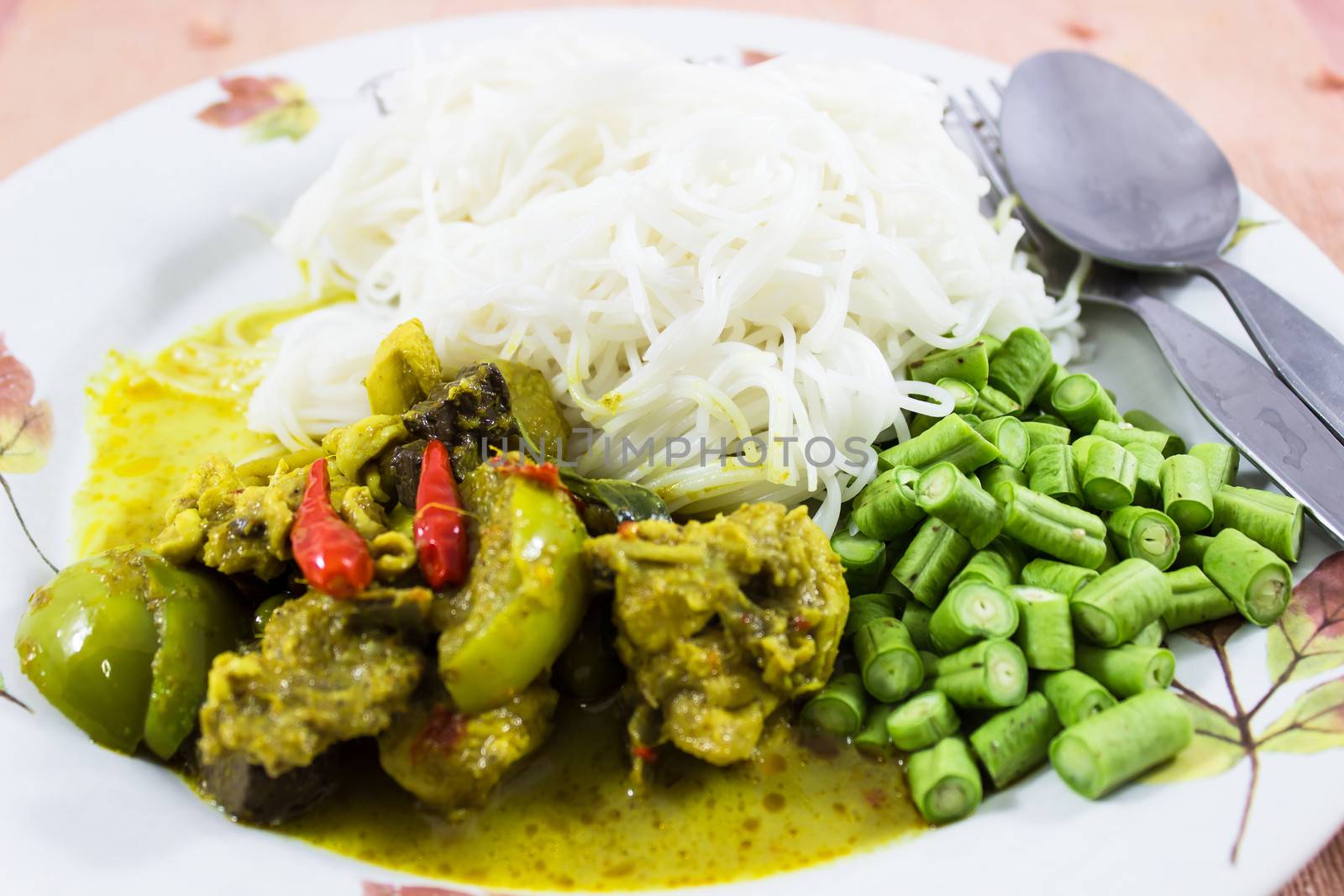 Thai Cuisine green curry with chicken and noodles ,gaeng kiaw waen gai