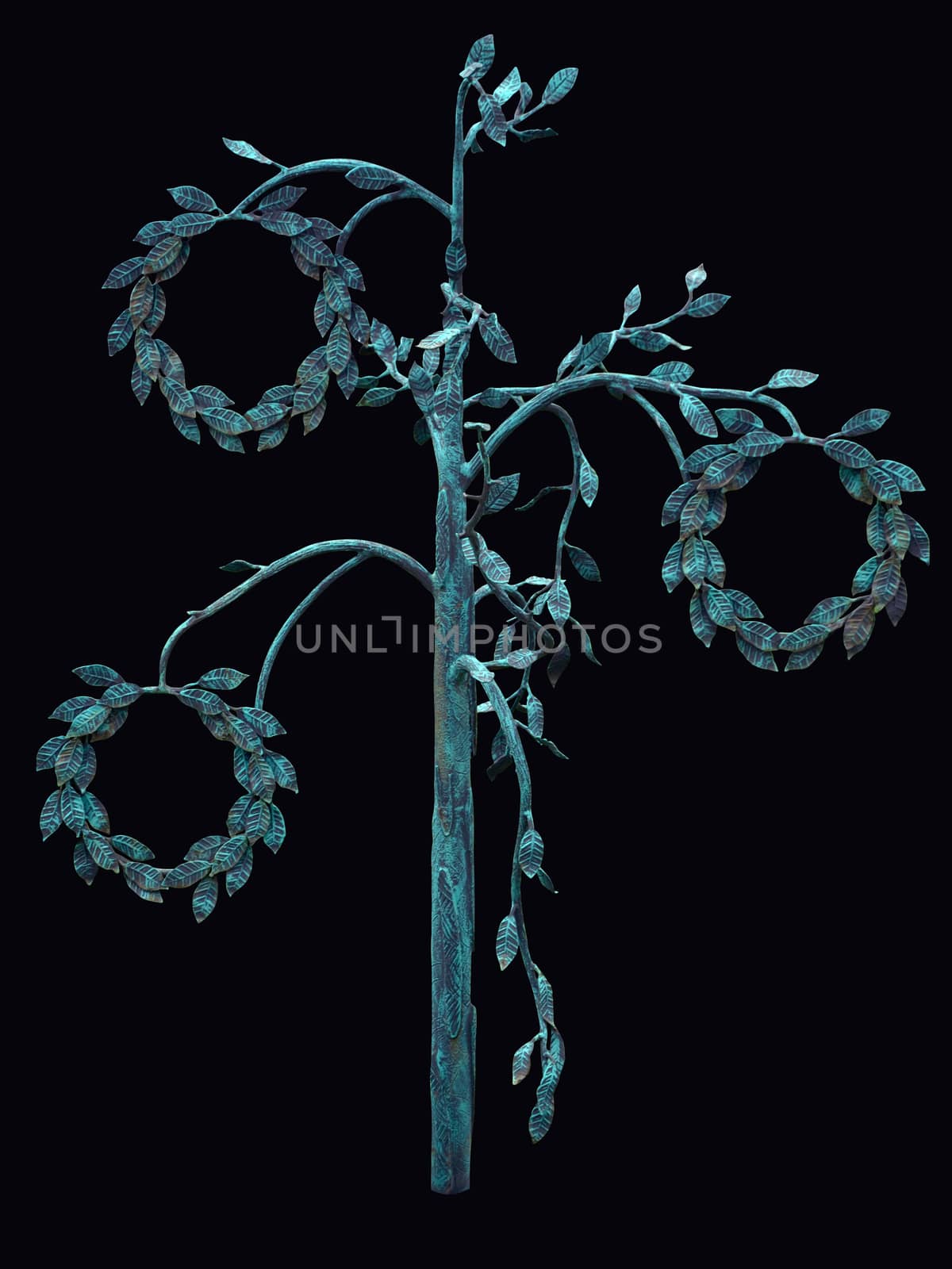 The isolated metal forged tree with leaves in the form of three wreaths on a black background