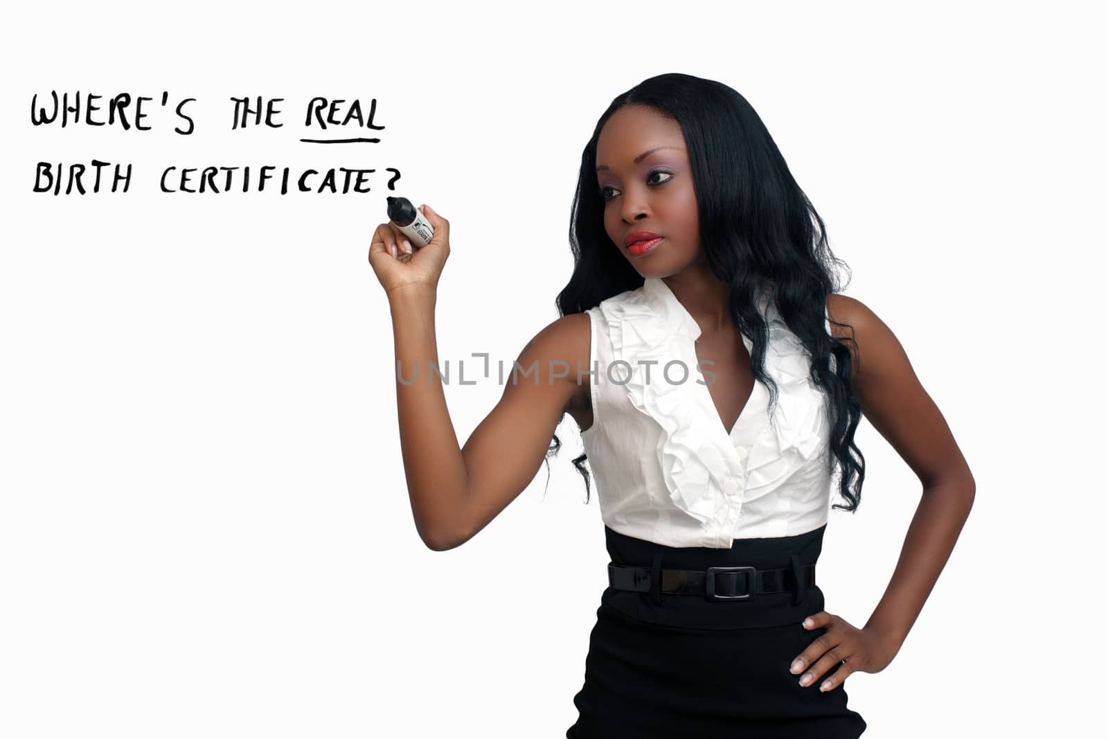 An extraordinarily beautiful young businesswoman writing with a heavy marker.  Isolated on a white background with generous copyspace.