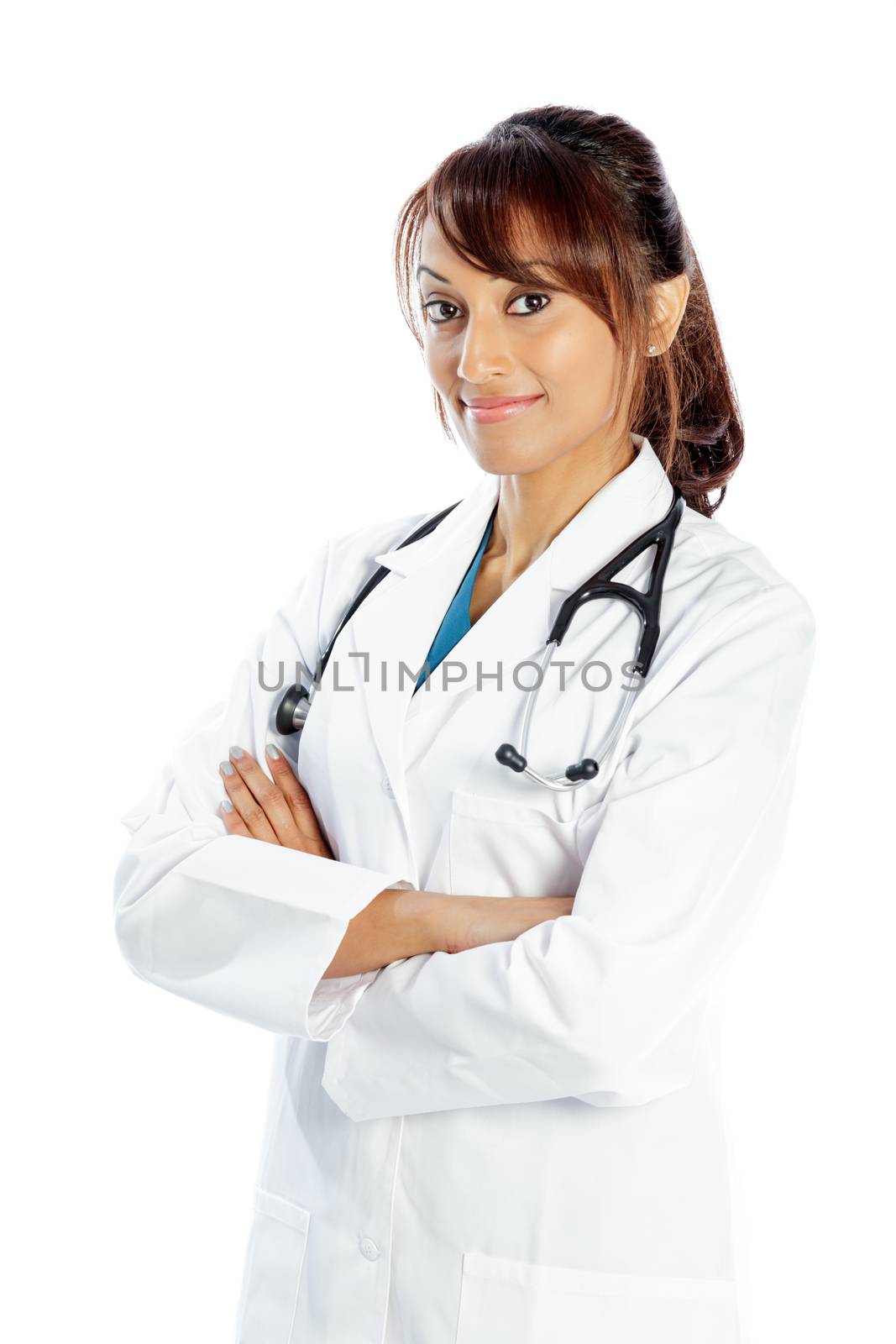 Attractive Indian doctor woman posing in a studio in front of a background