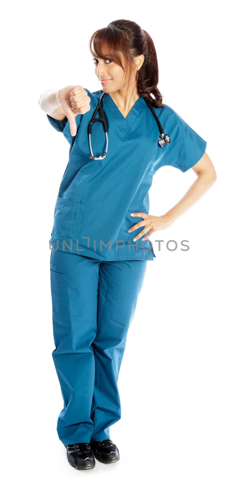 Attractive Indian doctor woman posing in a studio in front of a background