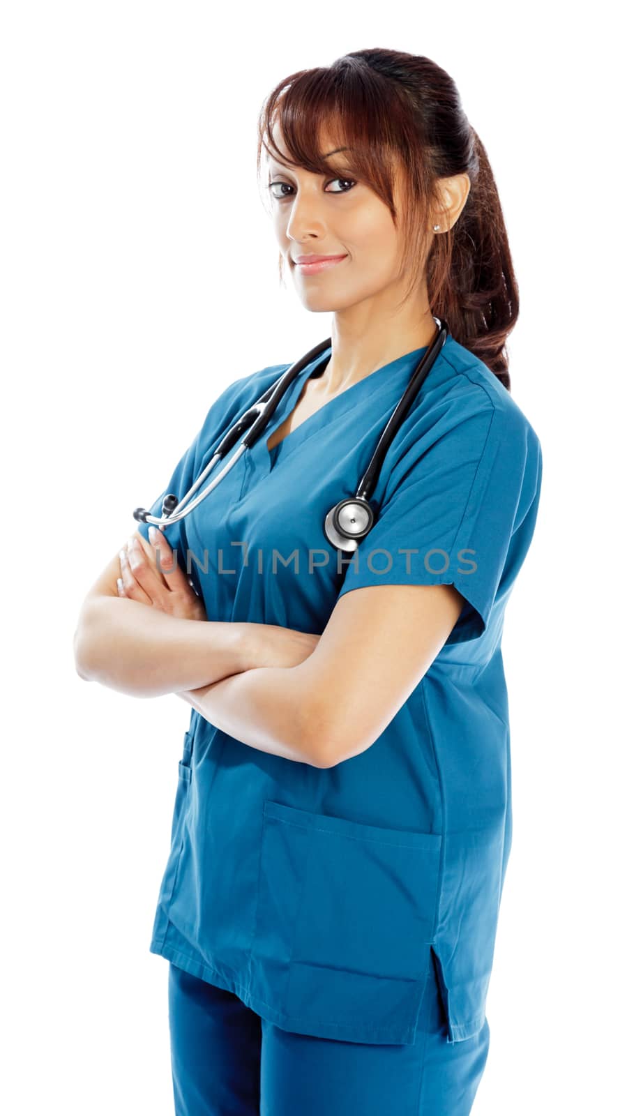 Attractive Indian doctor woman posing in a studio in front of a background