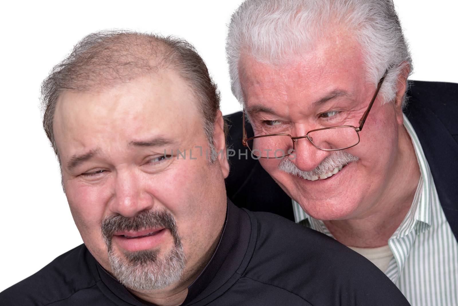 Older man got in to personal space of a younger man. Younger man showing his emotions with unpleasent face