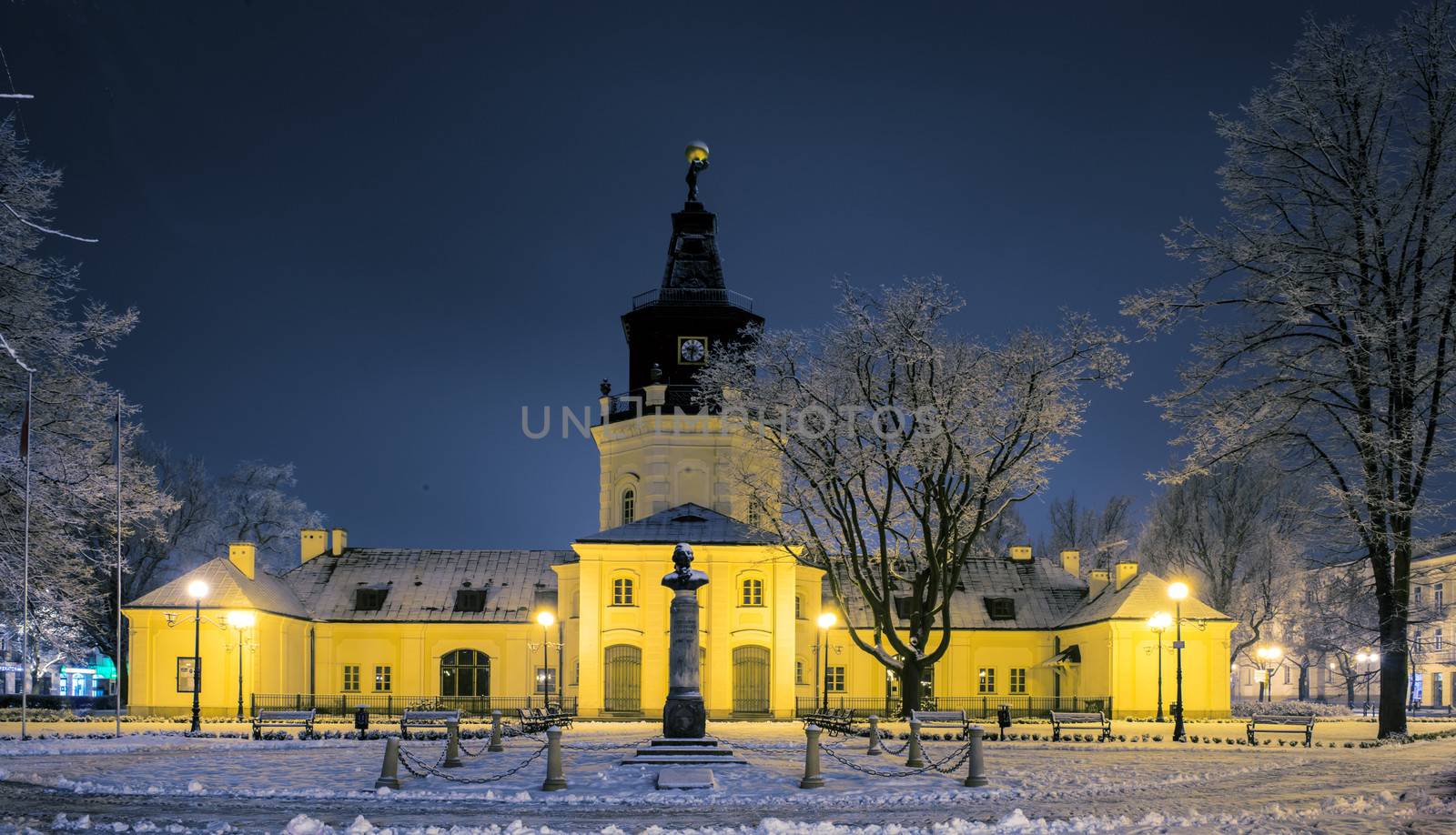 Town Hall in Siedlce, Poland in winter at night
