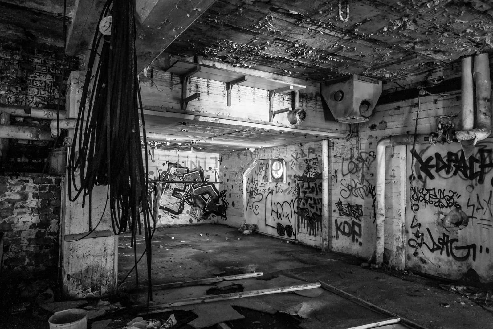 Dark abandoned scary factory room by juhku