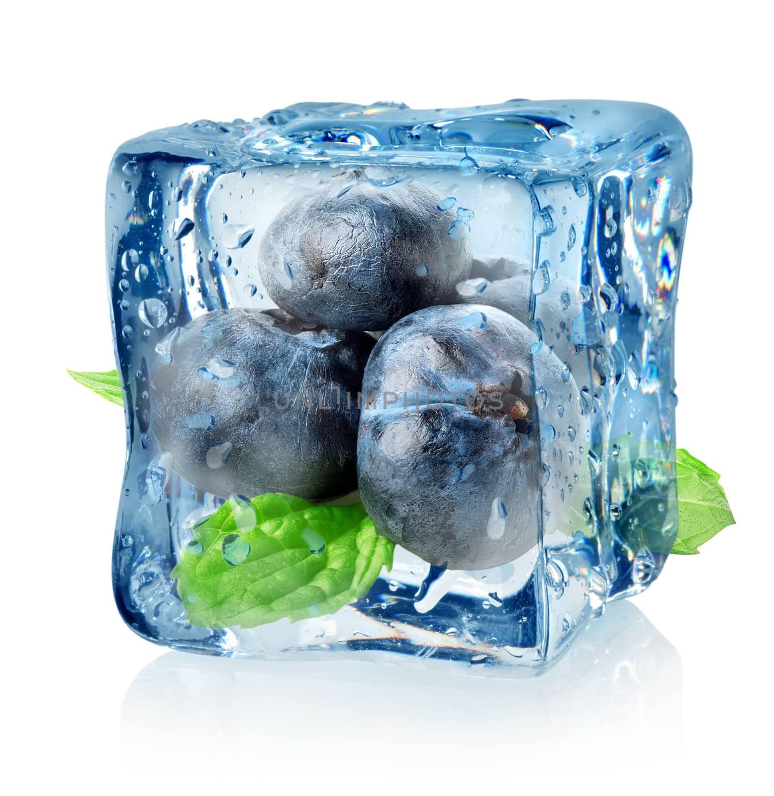 Ice cube and blueberry isolated on a white background