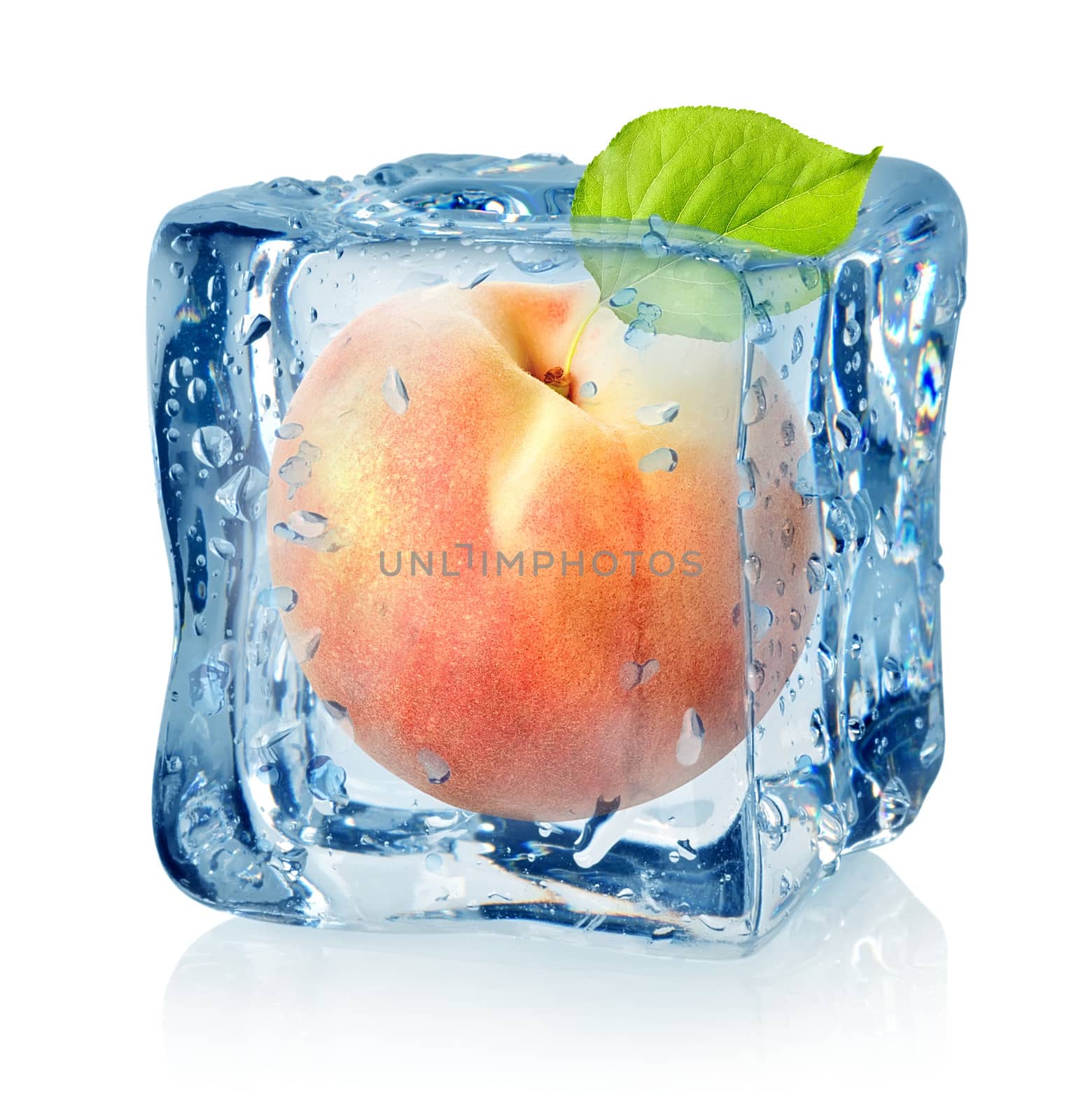 Ice cube and peach isolated on a white background