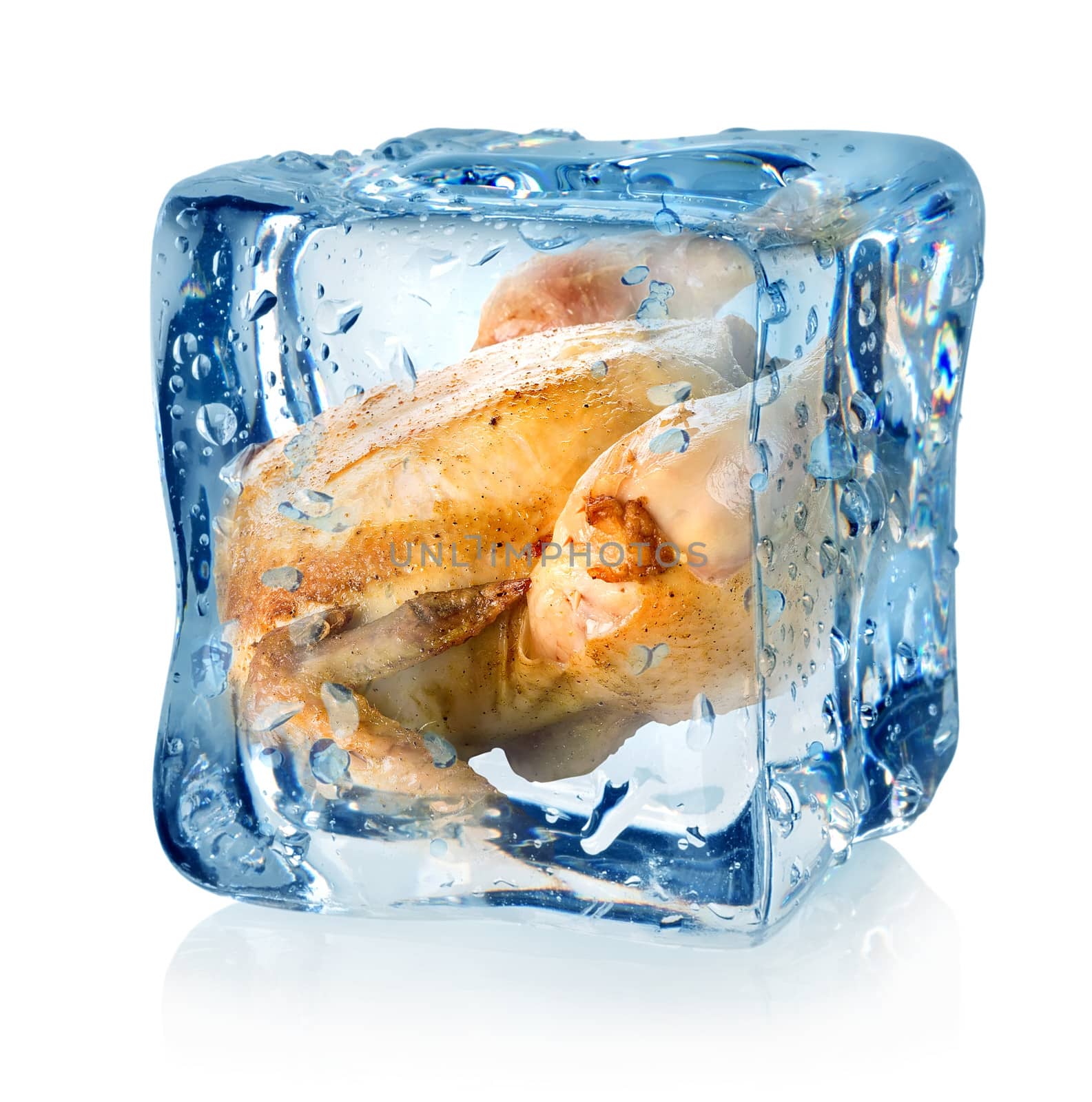 Roasted chicken in ice cube isolated on a white background