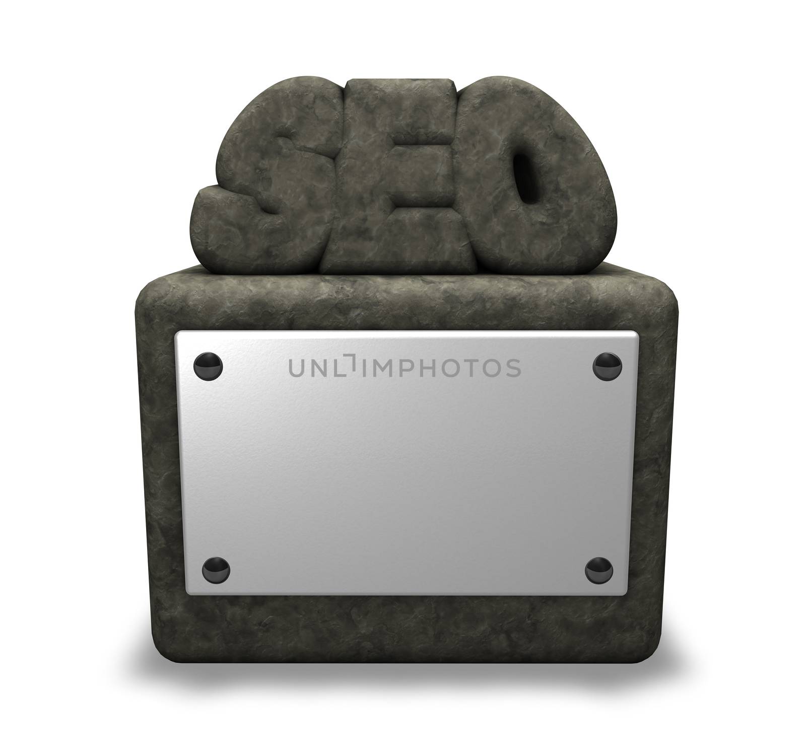 seo tag on stone socket with blank white sign - 3d illustration