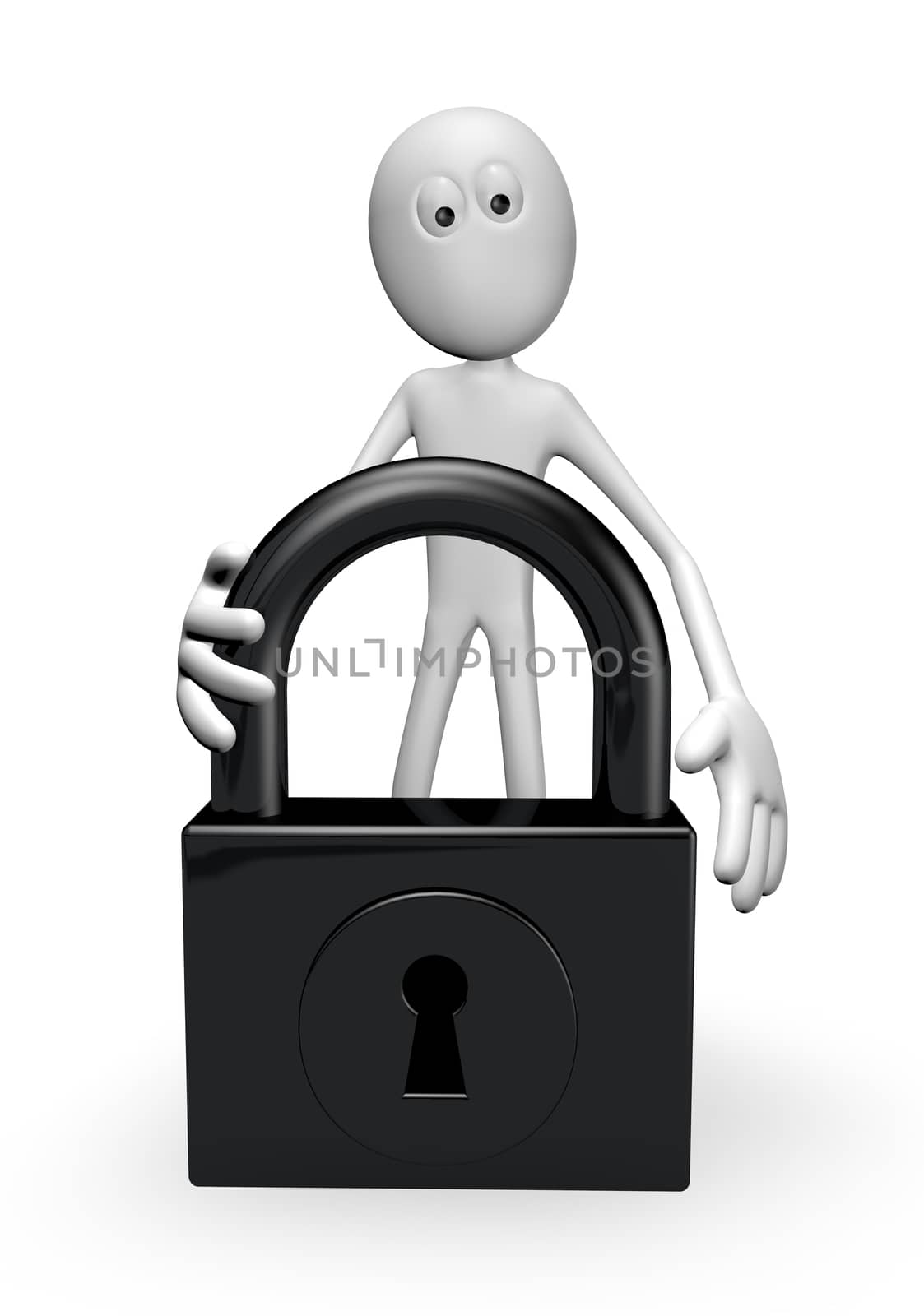white guy and padlock on white background - 3d illustration