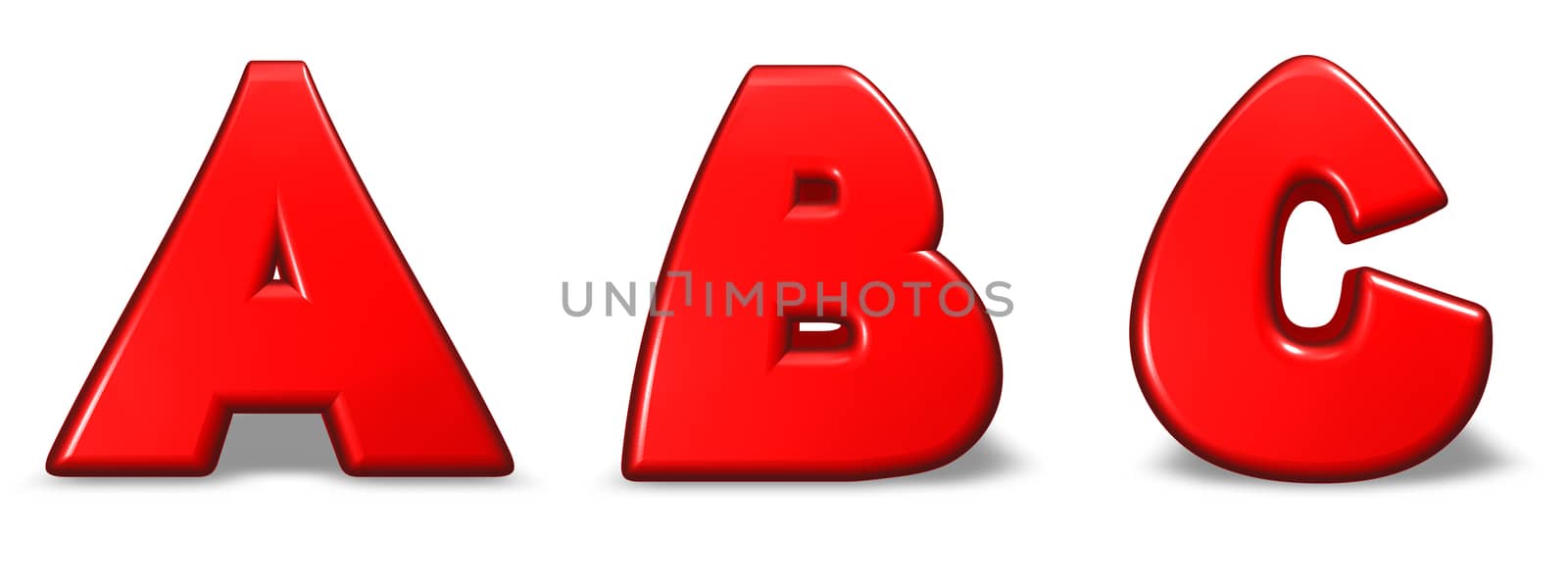 red letters a, b and c on white background - 3d illustration
