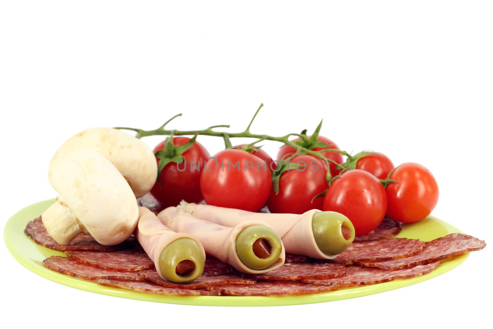 salami olives mushrooms and tomatoes by goce