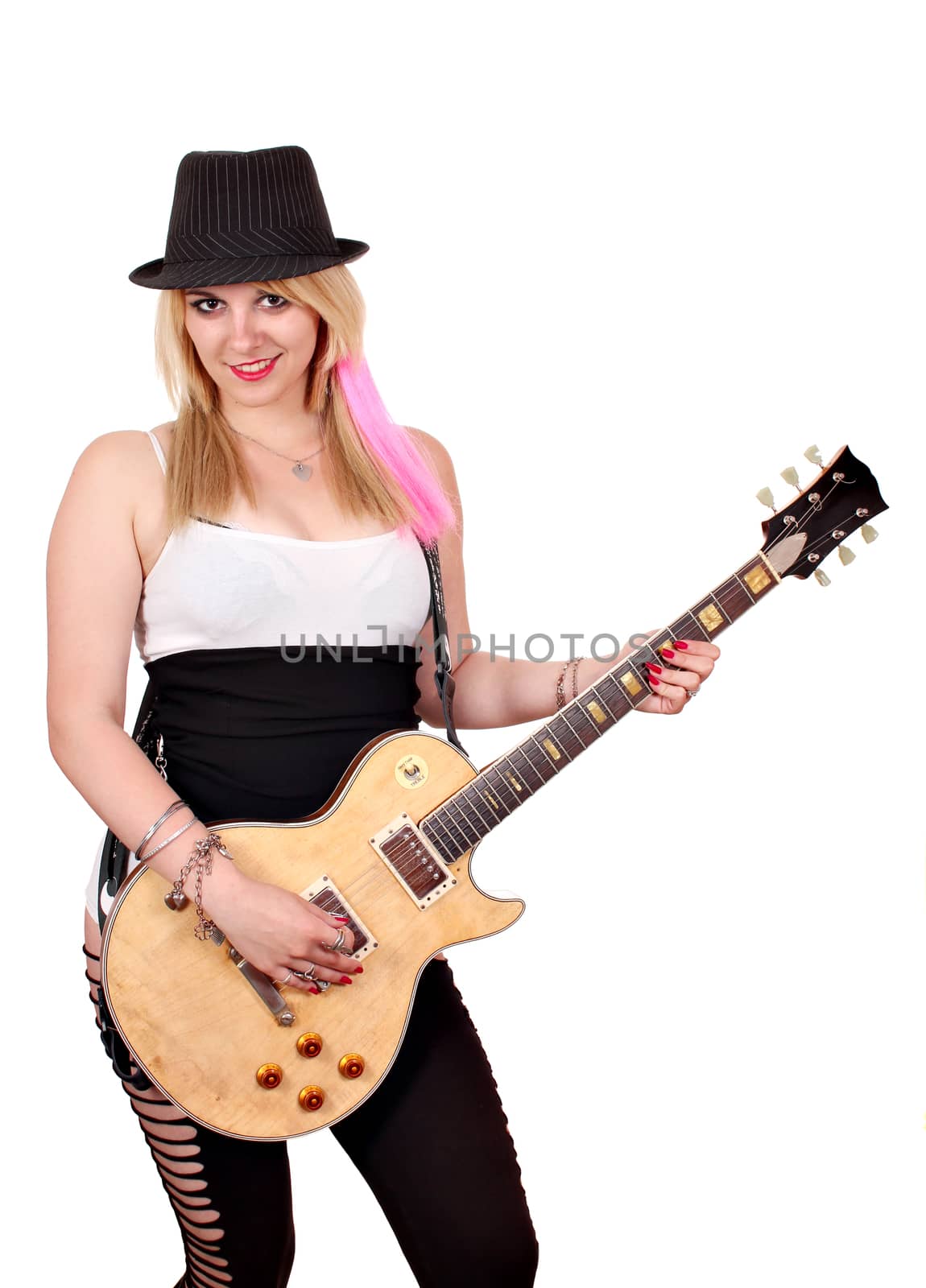 happy girl with electric guitar on white 