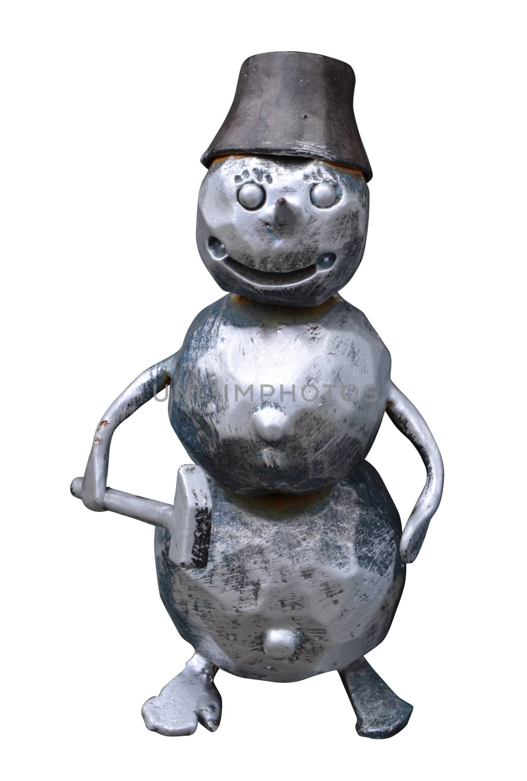 The isolated forged metal snowman with a hammer on a white background