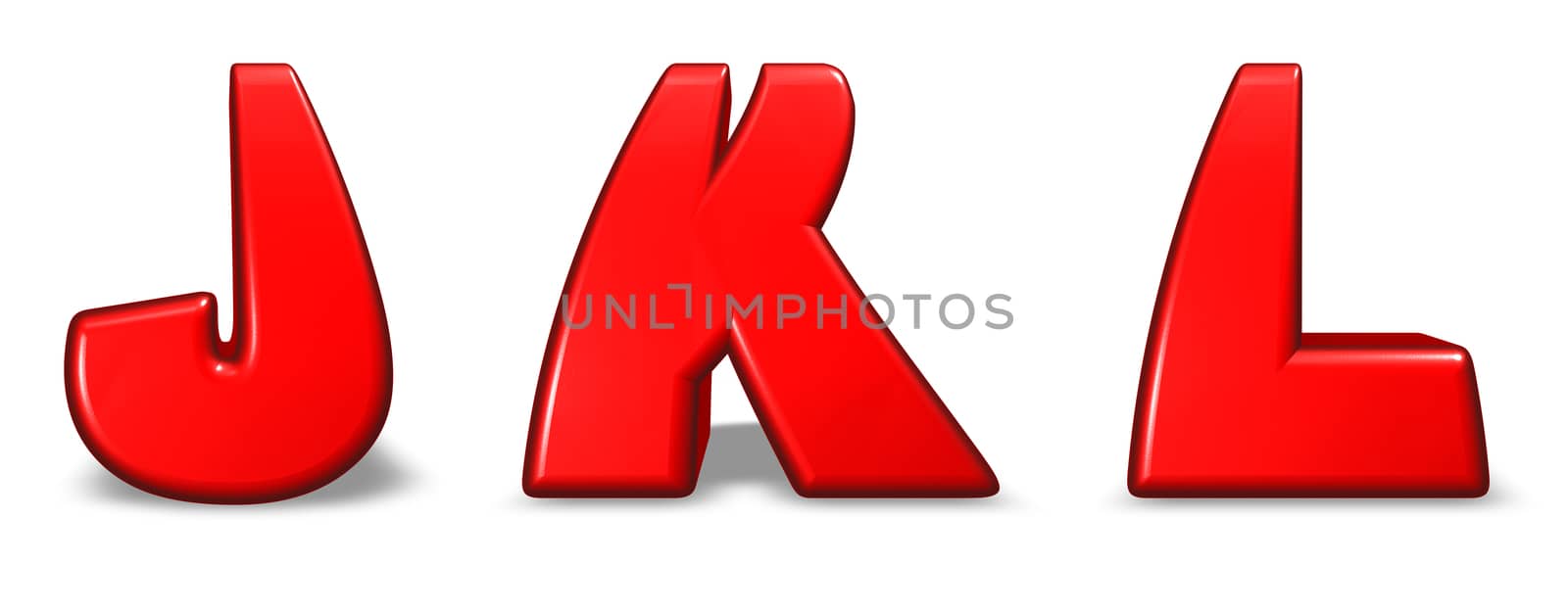 red letters j, k and l on white background - 3d illustration