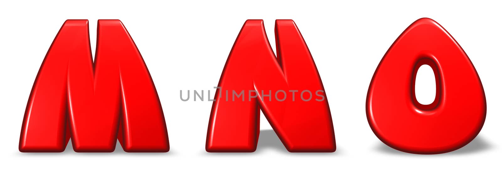 red letters m, n and o on white background - 3d illustration