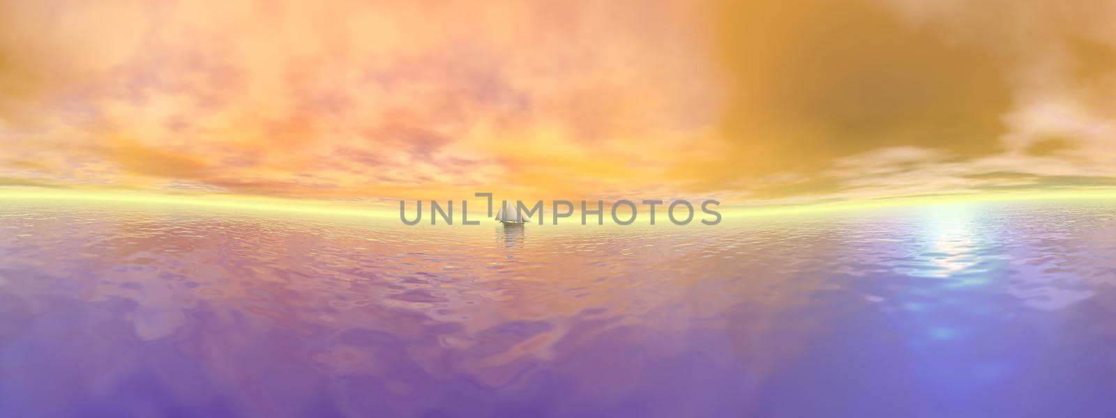 Small sailboat floating on quiet water by orange sunset, 360 degrees effect