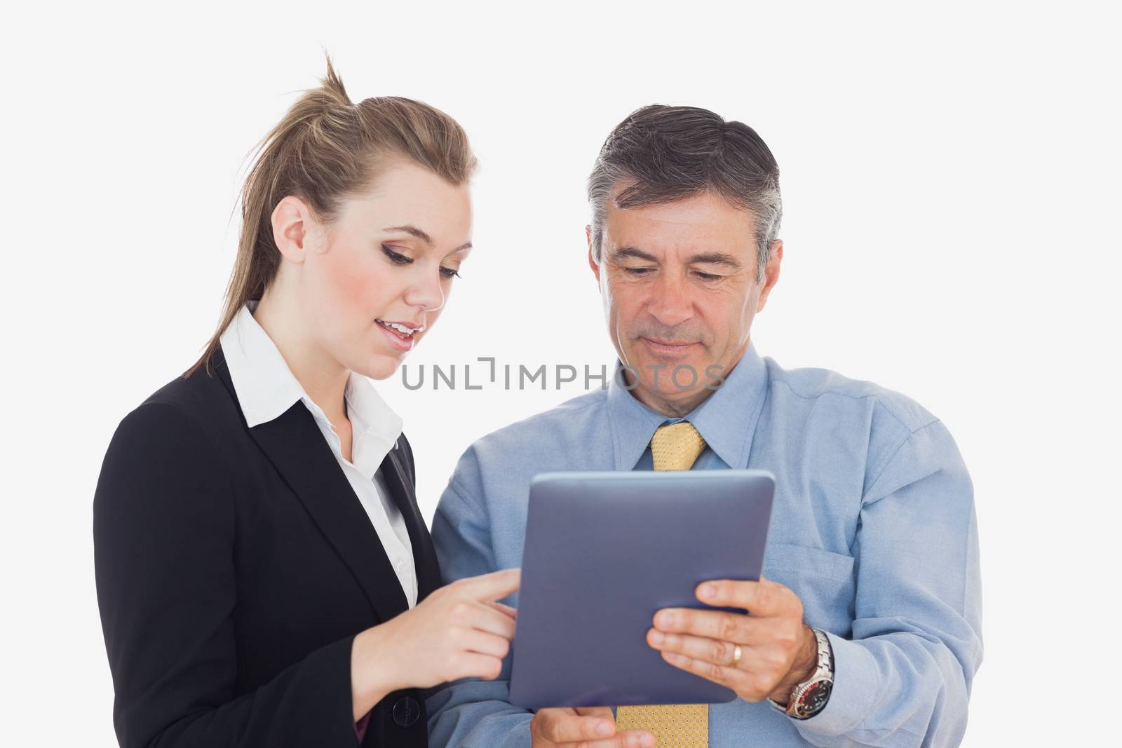 Business people using digital tablet over white background