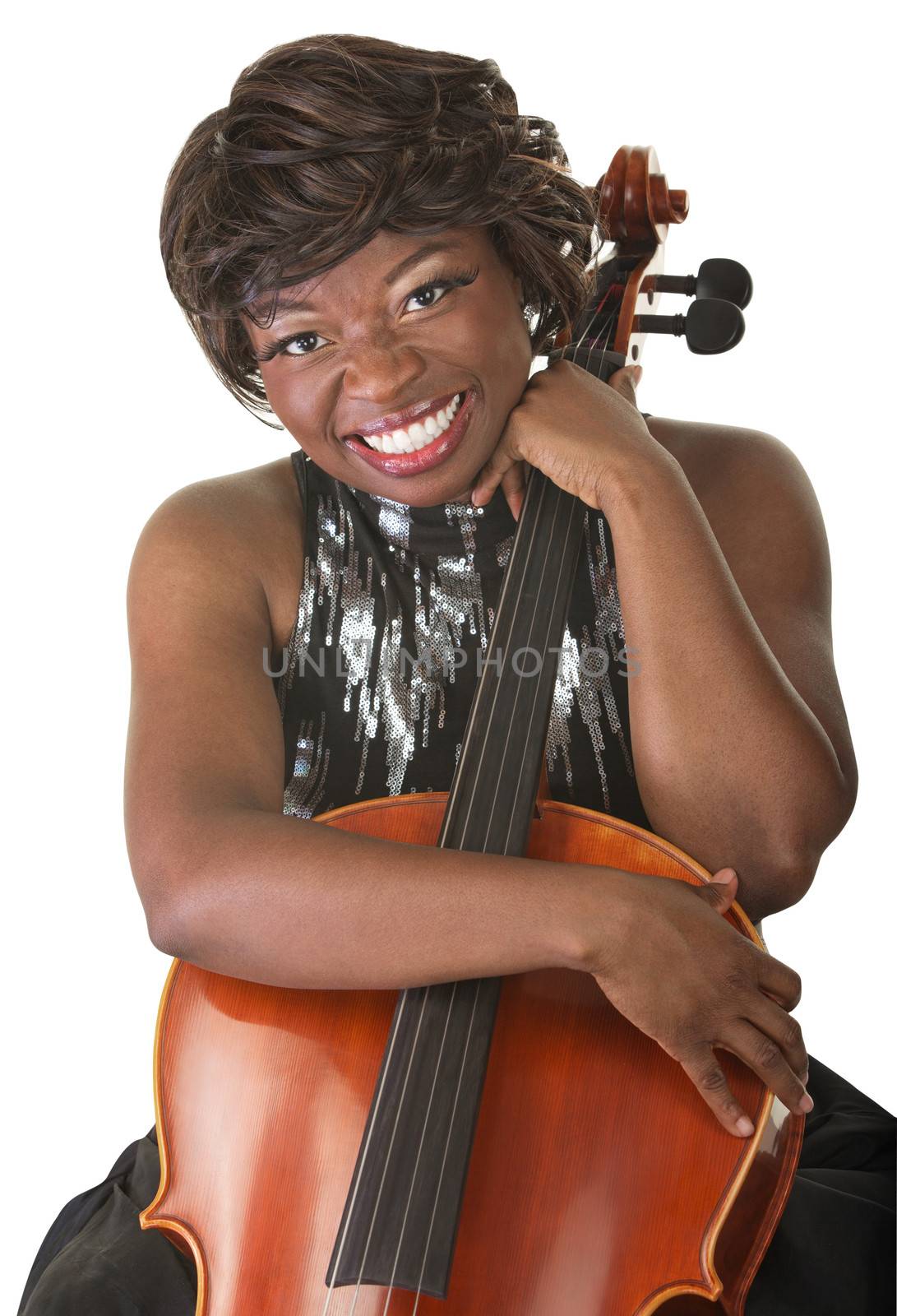 Single cheerful African woman holding a cello