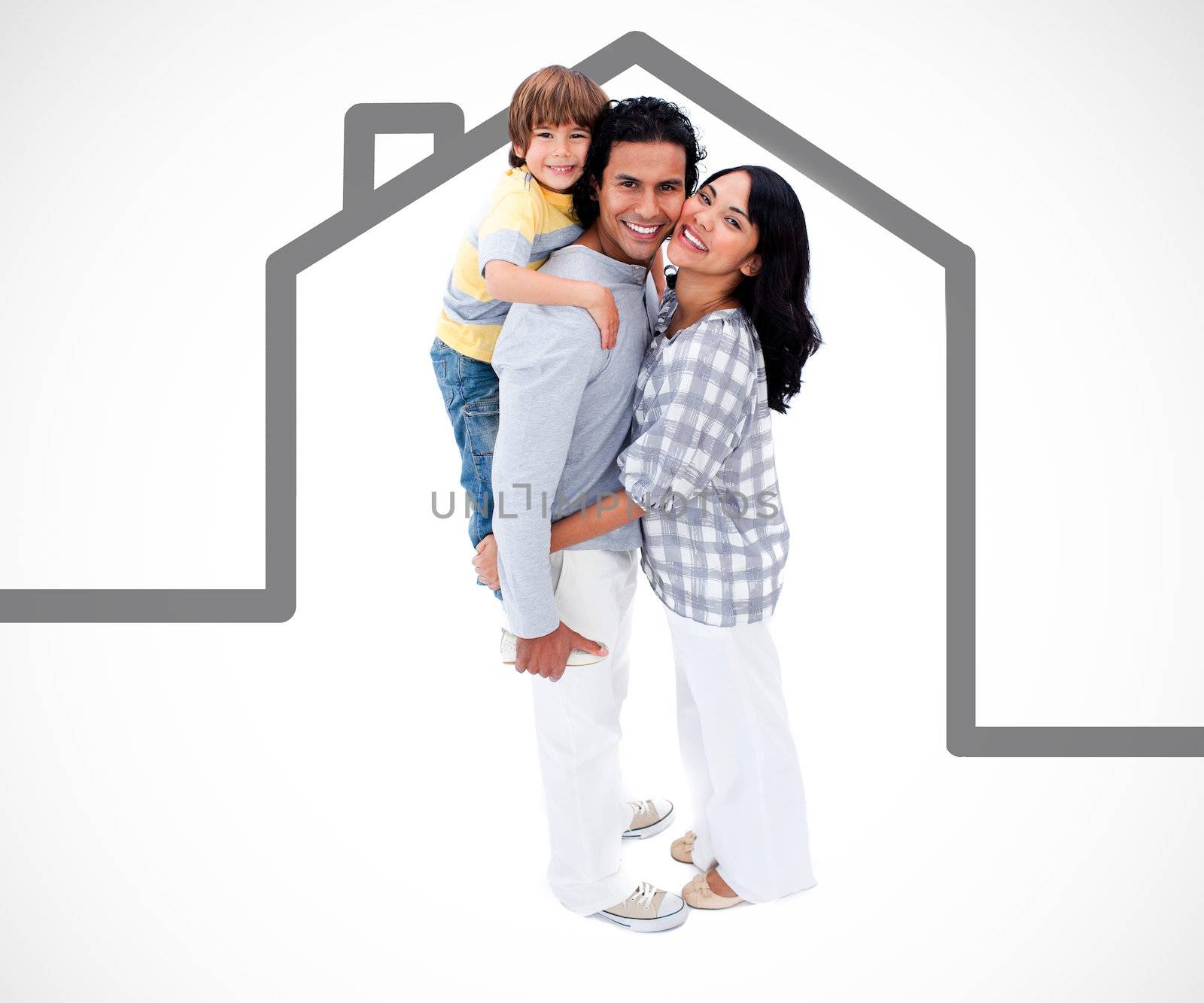 Happy family standing with a grey house illustration on a white background