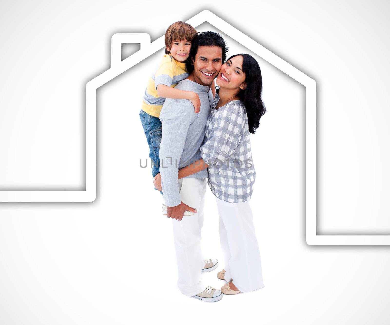 Happy family standing with a white house illustration on a white background