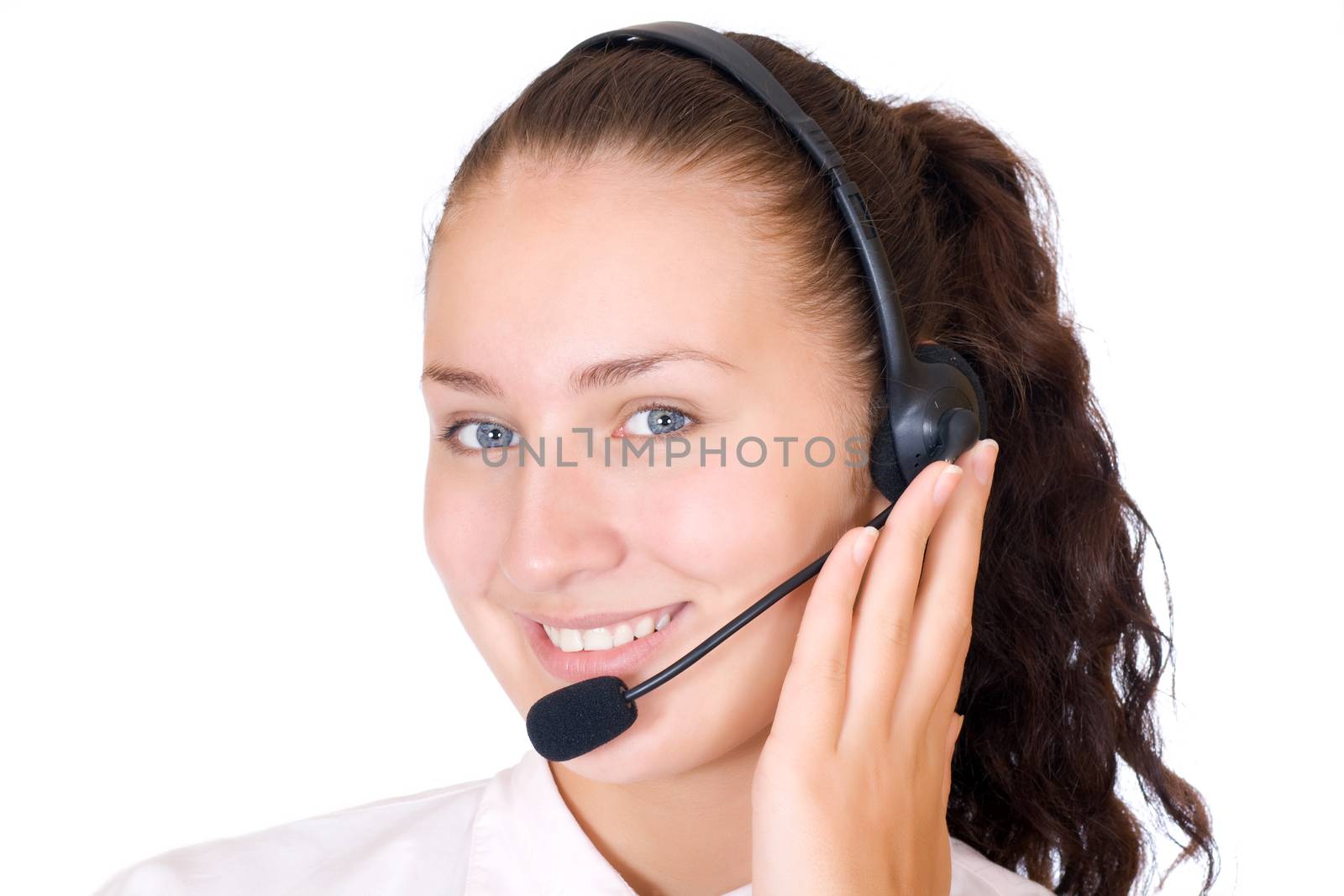 Beautiful young woman talking on the phone isolated on white background