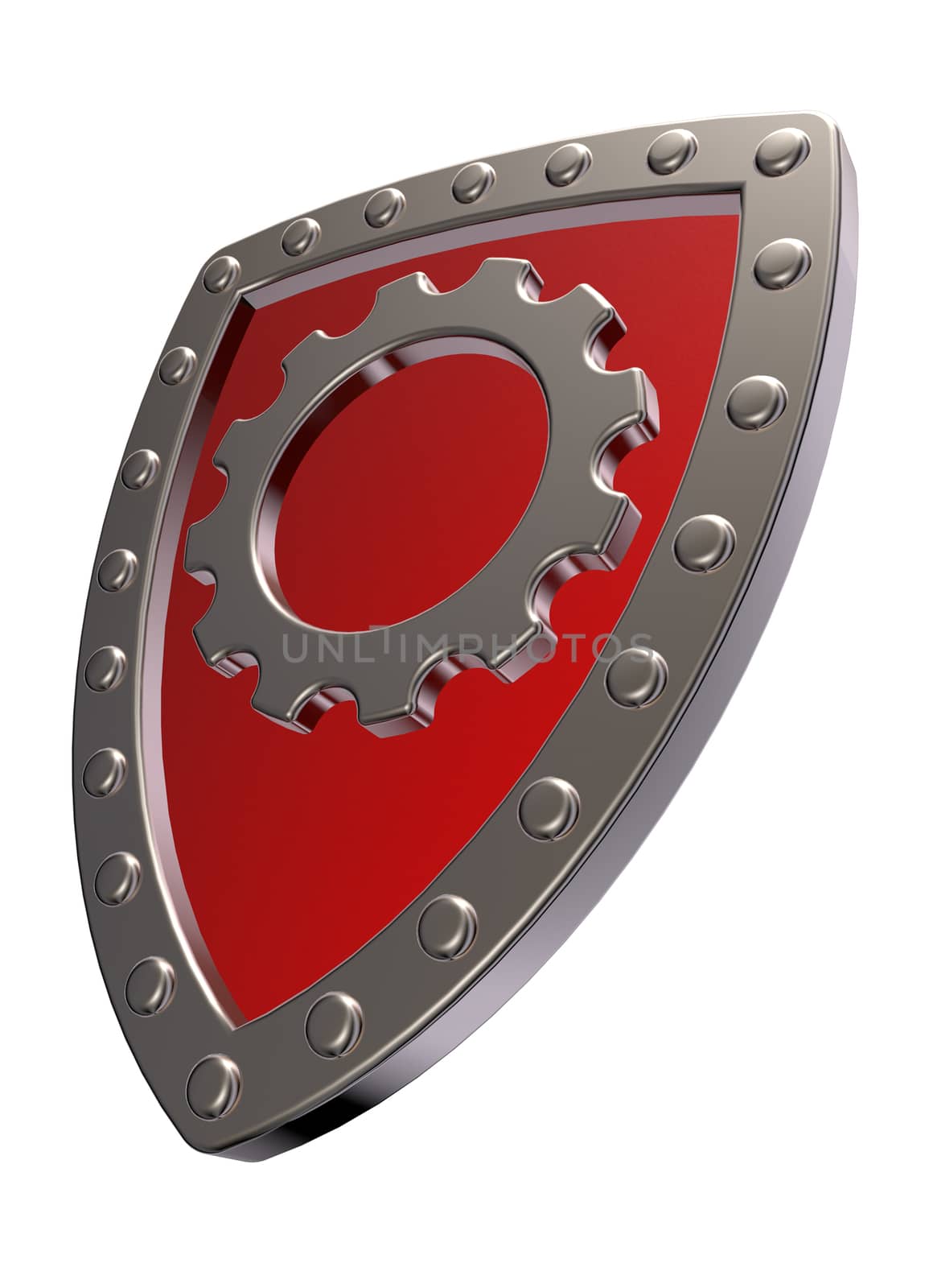 riveted metal shield with gear wheel symbol on white background - 3d illustration