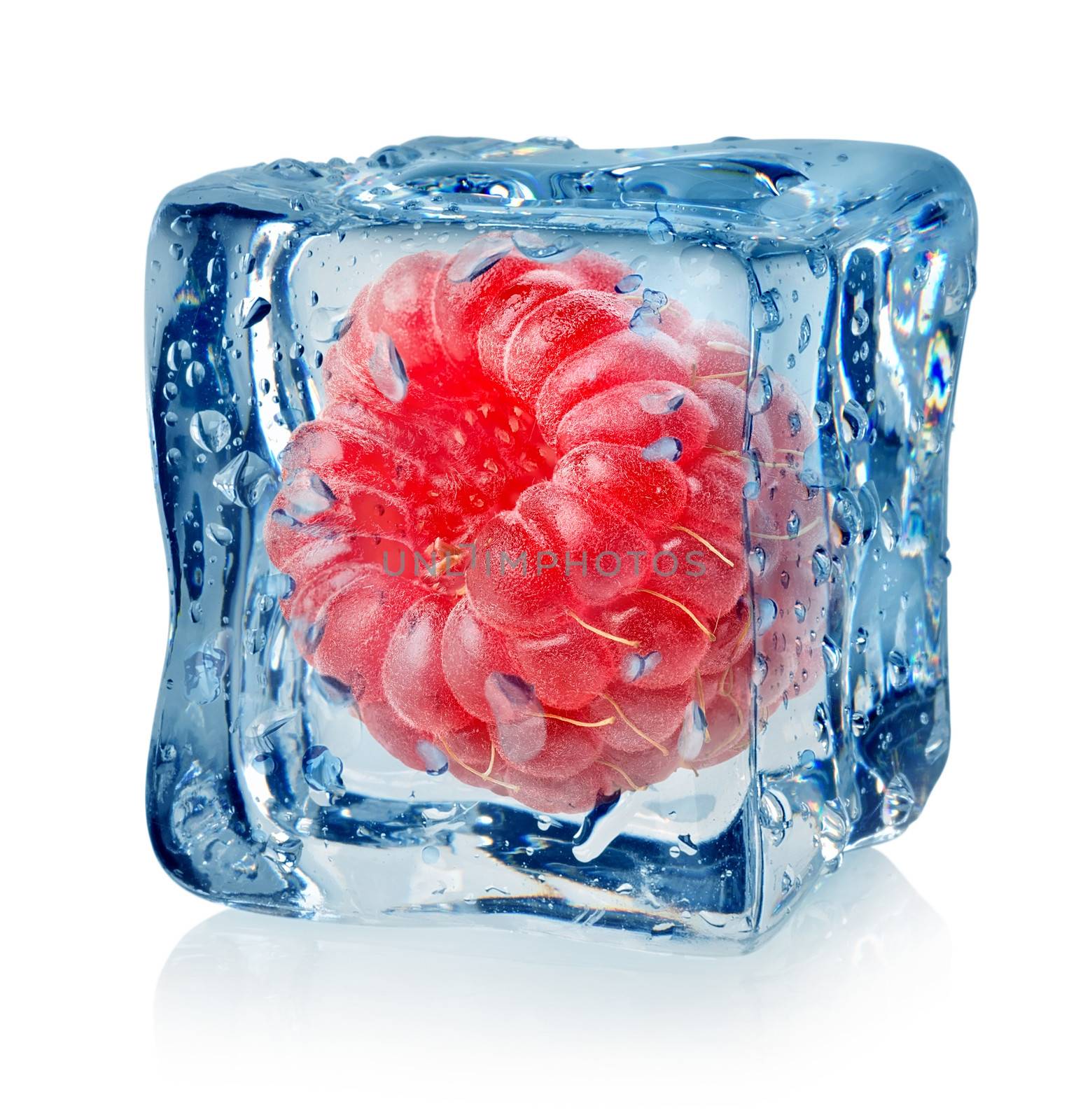 Berry raspberry in ice cube isolated on a white background