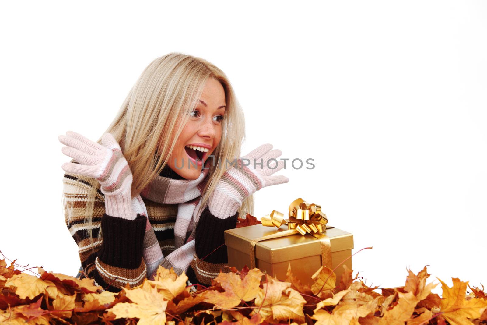  woman take autumn gift isolated in studio