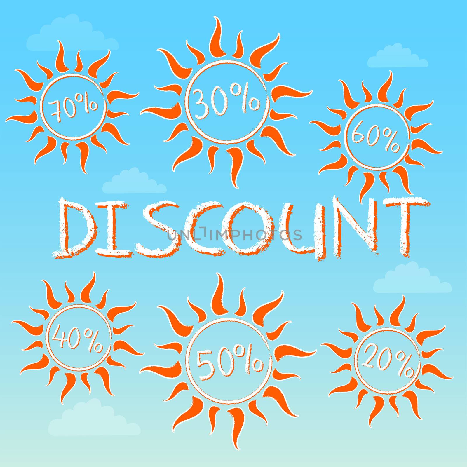 summer discount with different percentages in suns - text and signs on blue label with clouds, business concept