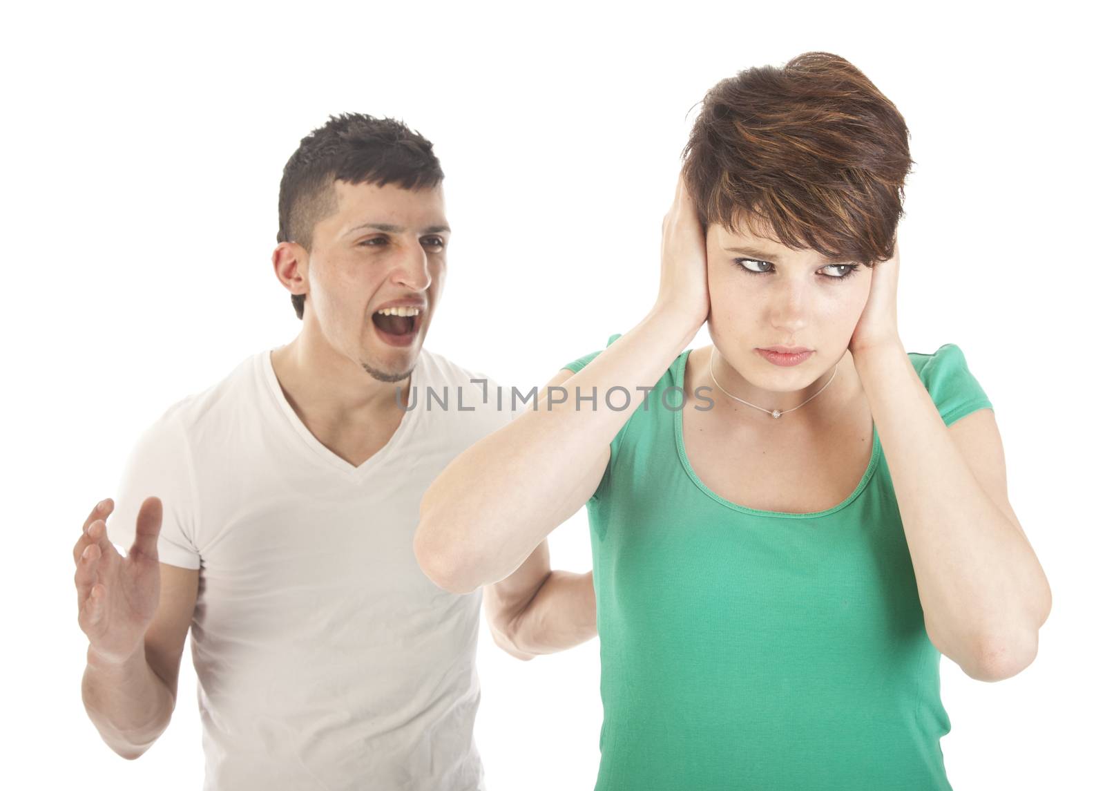 Young man and woman arguing isolated on white background
