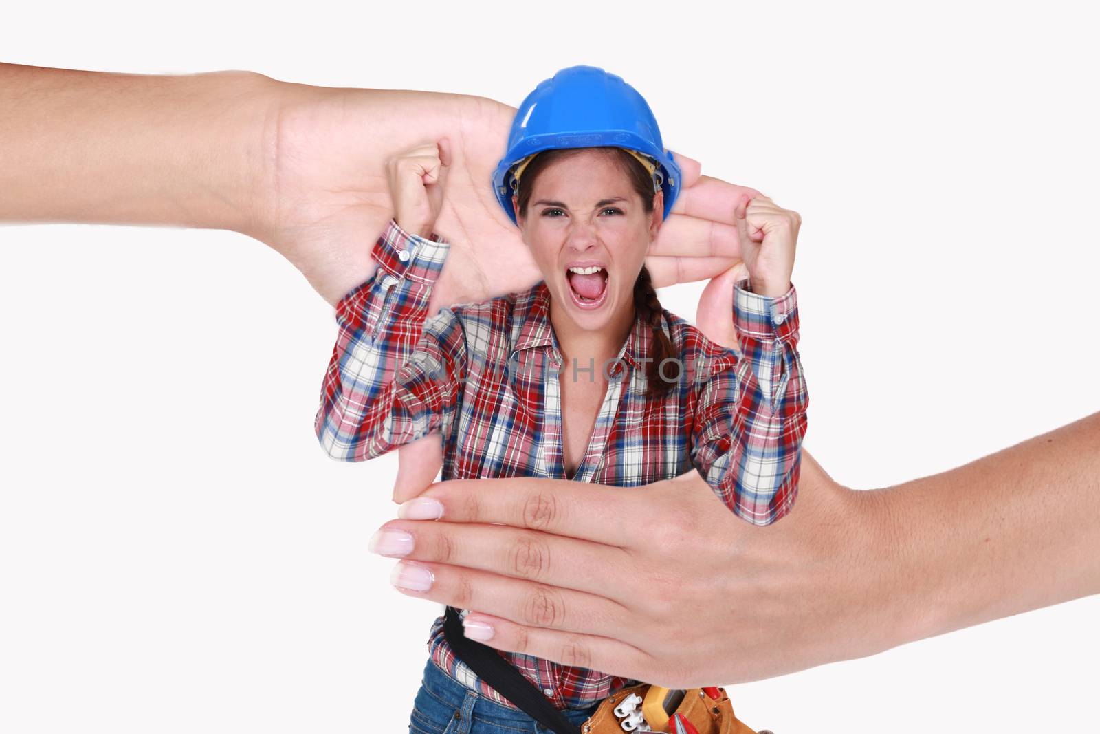 Montage of a screaming woman laborer