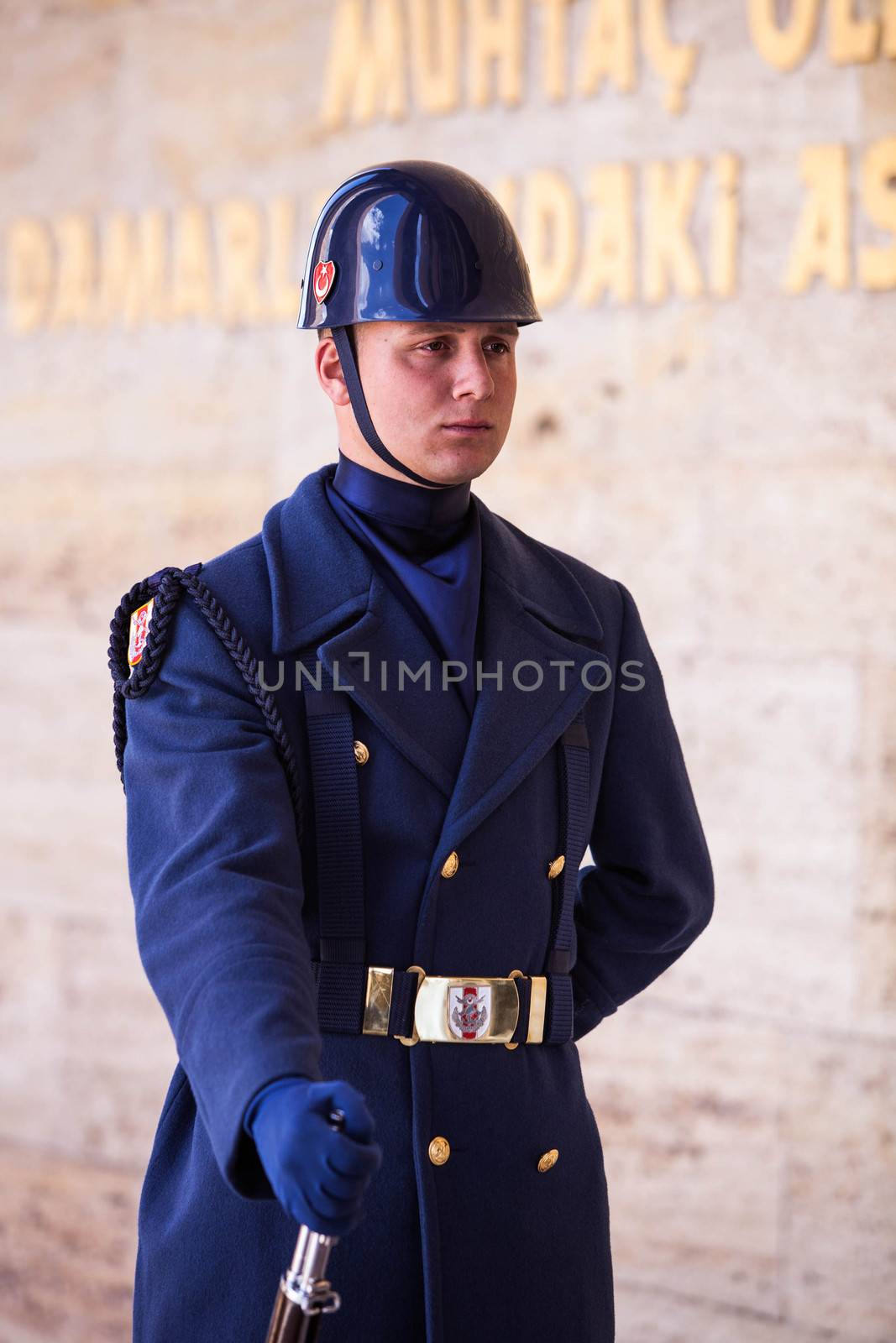 ANKARA, TURKEY ��� APRIL 15: Turkish guard at Mausoleum of Mustafa Kemal Atat��rk, the leader of the Turkish War of Independence on April 15, 2012 in Ankara, Turkey prior to Anzac Day.  Turkish people thank and remember allies from Australia and New Zealand who fought at the battle of Galipoli in the Ottoman Empire during World War I.  Turkish guards silently stand watch at Ataturk's tomb.