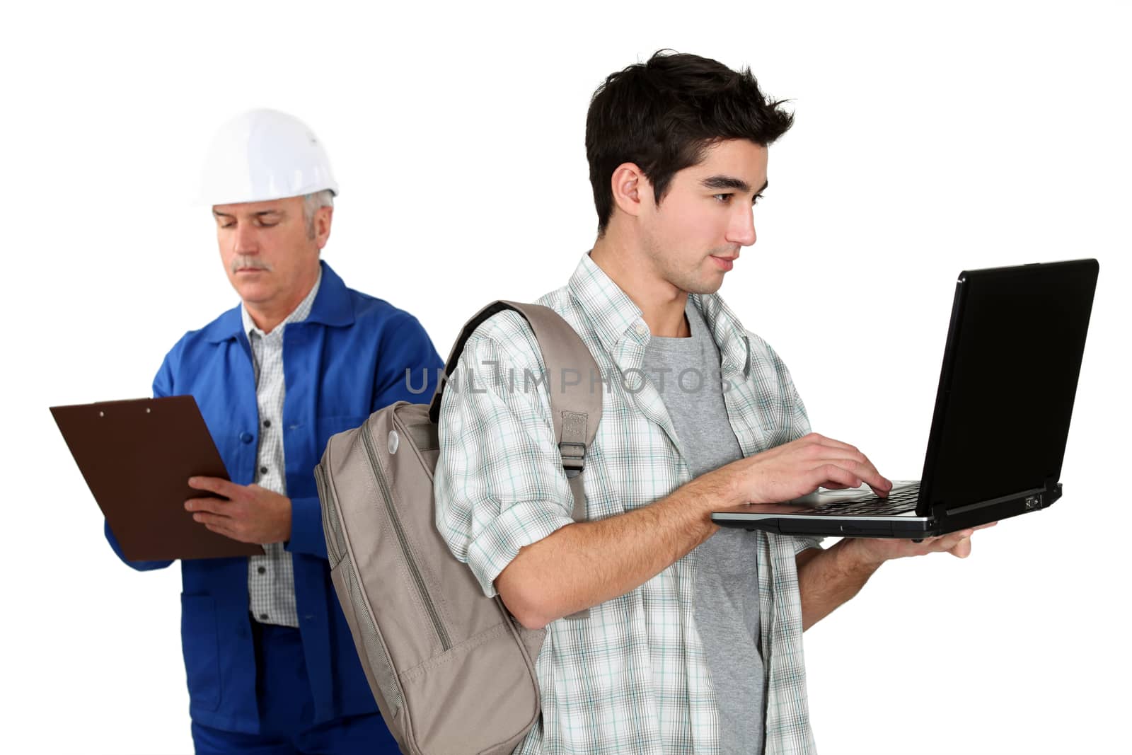 Worker stood with teenager