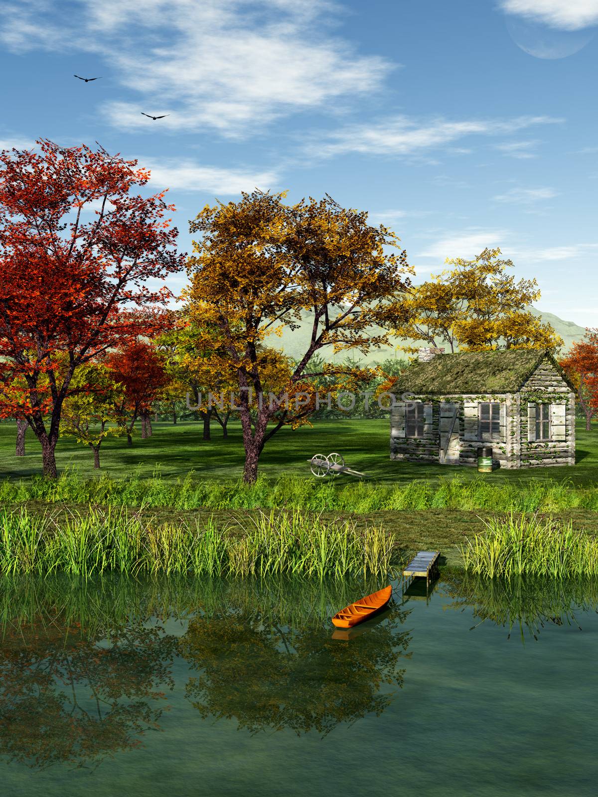 This image shows a idyllic landscape with a cabin in fall