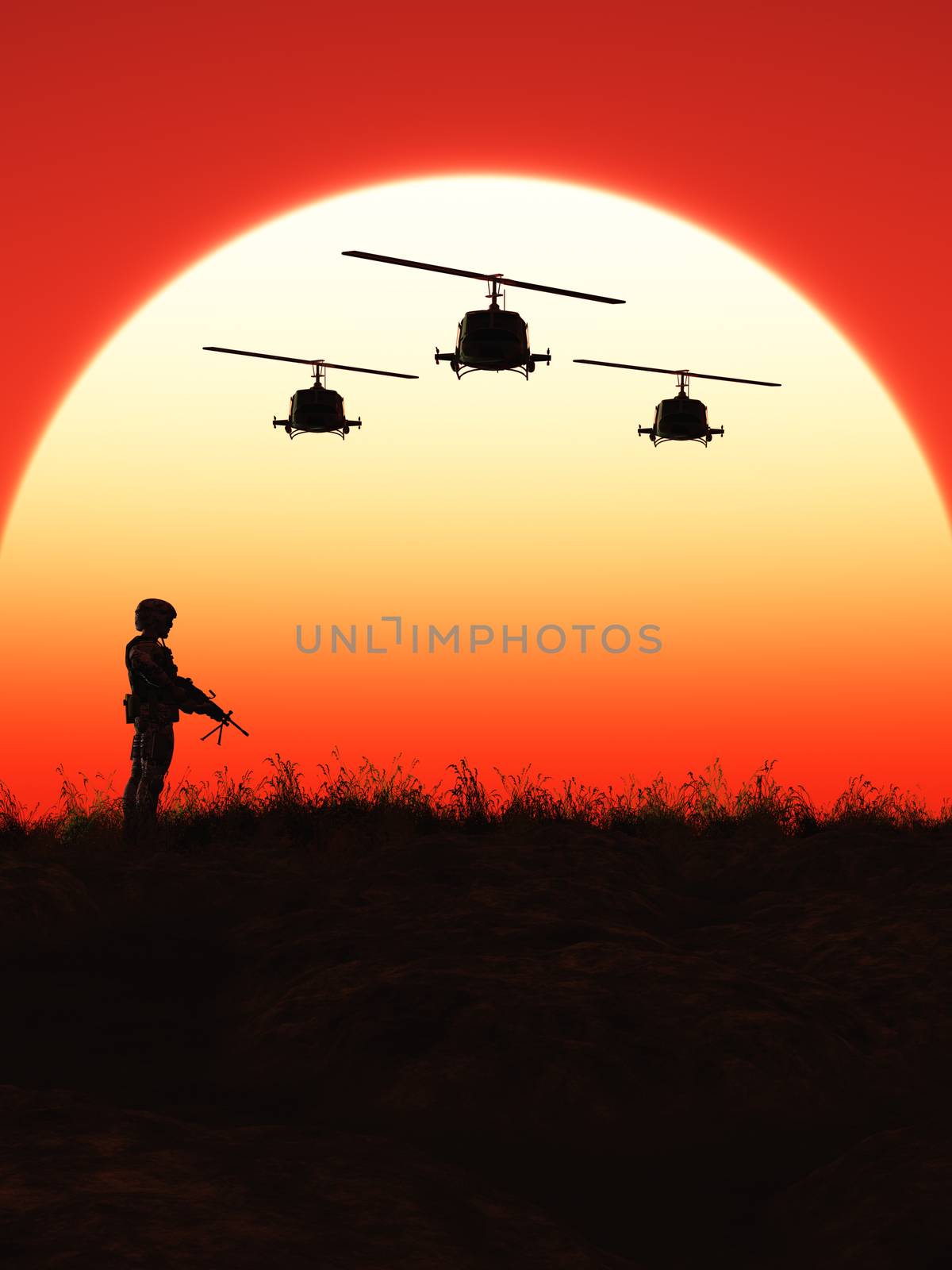 This image shows a soldier in the sunset with flying helicopter
