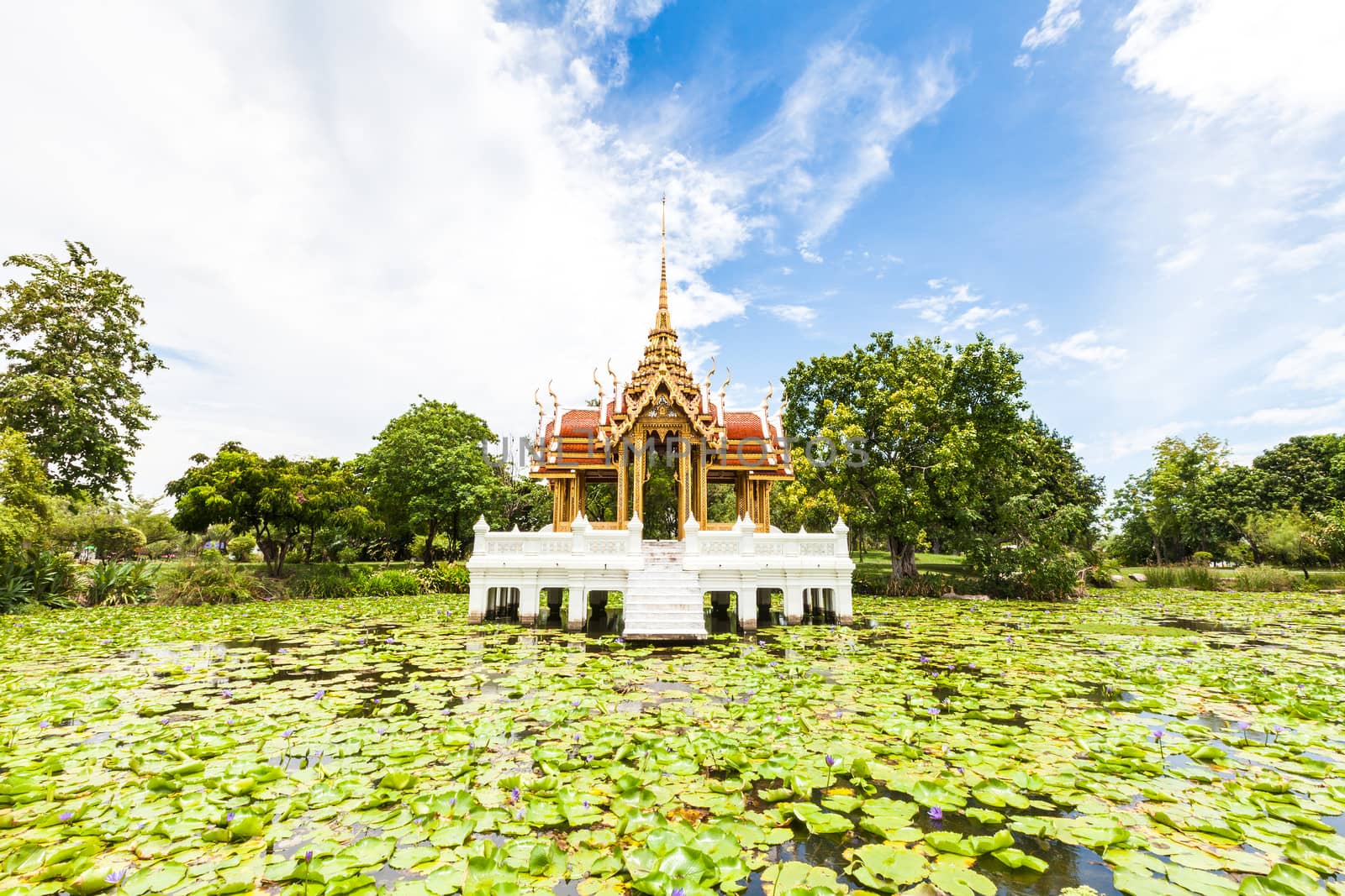 Thai temple on the water at Rama 9 Garden Bangkok, Thailand