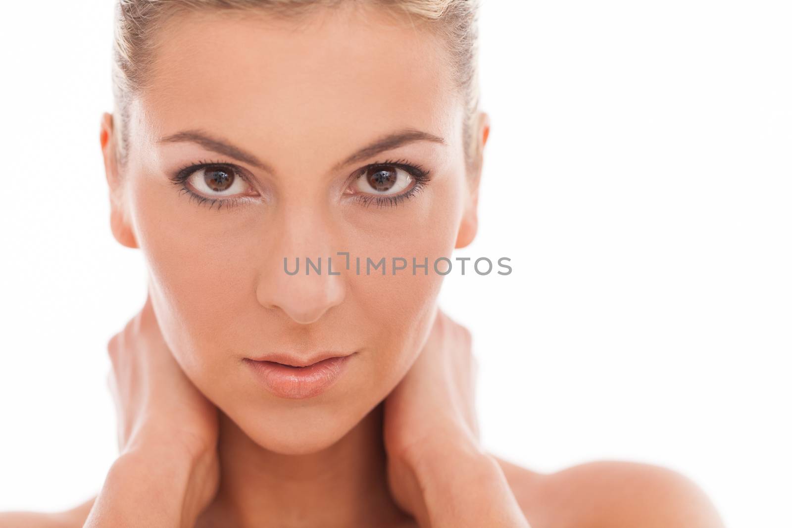 Closeup portrait of beautiful caucasian woman with day makeup