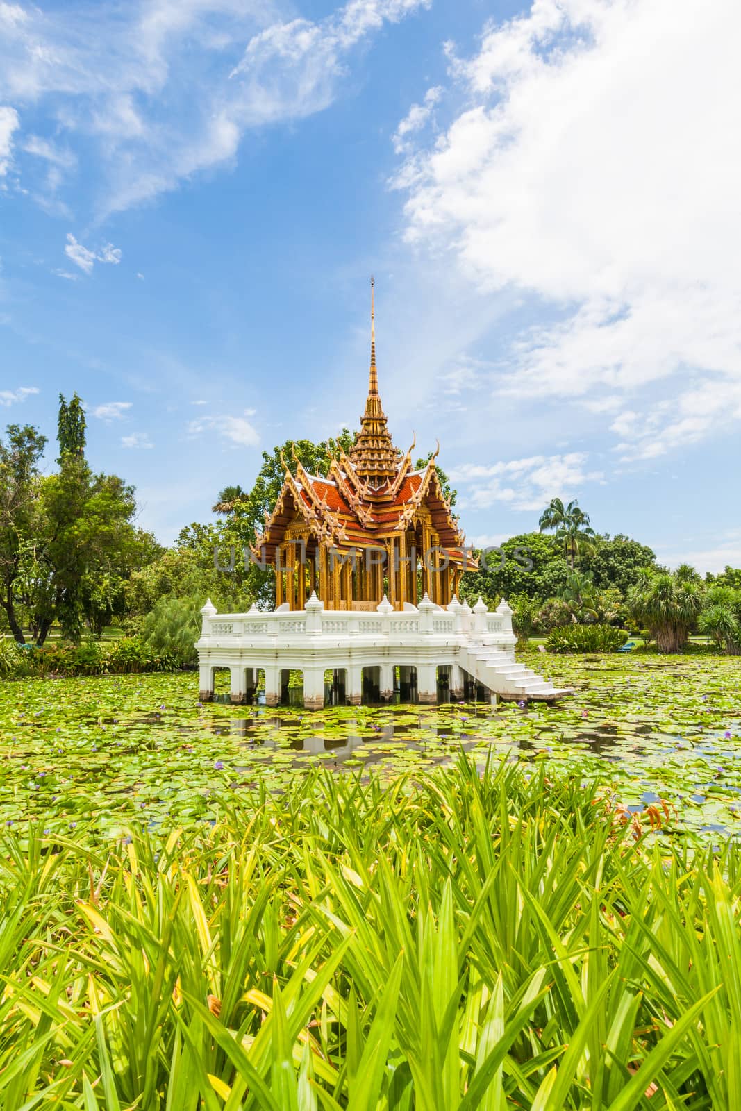 Thai temple on the water at Rama 9 Garden Bangkok, Thailand