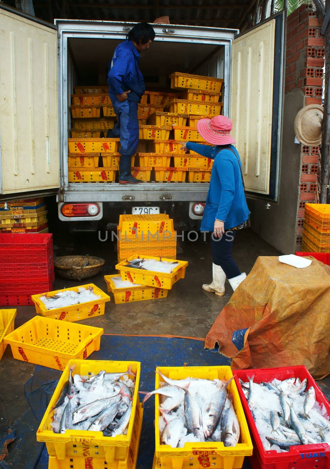 Fish is placed in yellow plastic trays, transported to wholesale at fishing market, men and women take these plastic tray out of the truck to sale for buyer. July 15, 2013
