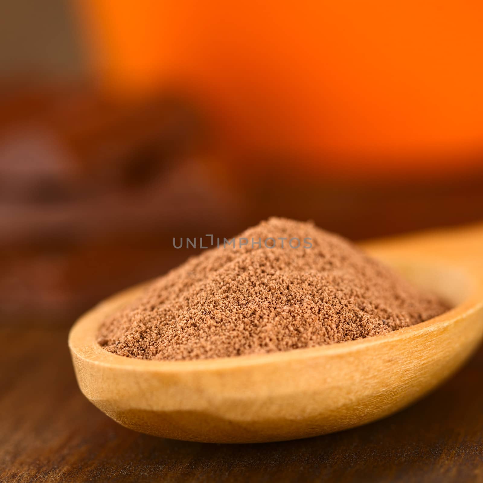 Cocoa powder on wooden spoon (Very Shallow Depth of Field, Focus one third into the cocoa)