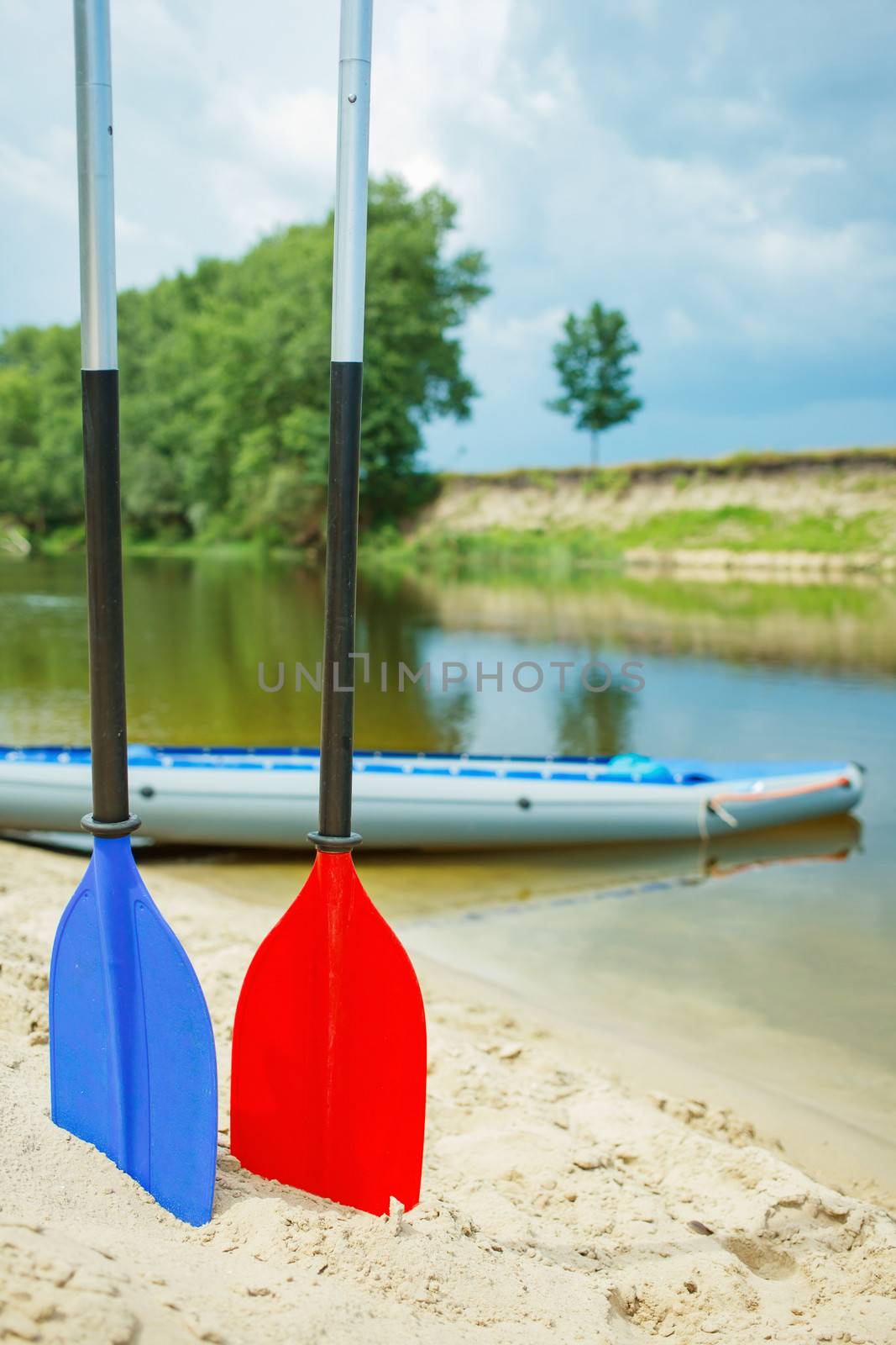 Red and blue paddles for white water rafting and kayaking