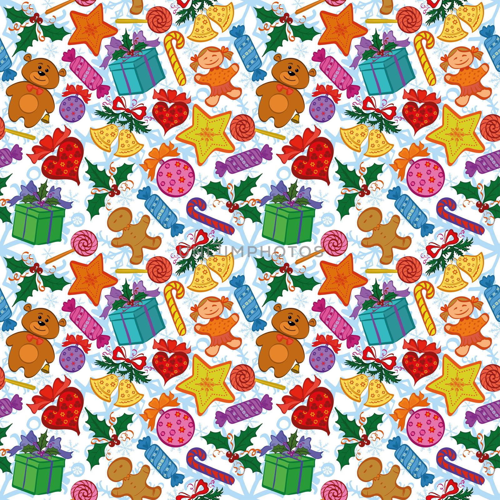 Holiday seamless pattern with cartoon characters and elements.