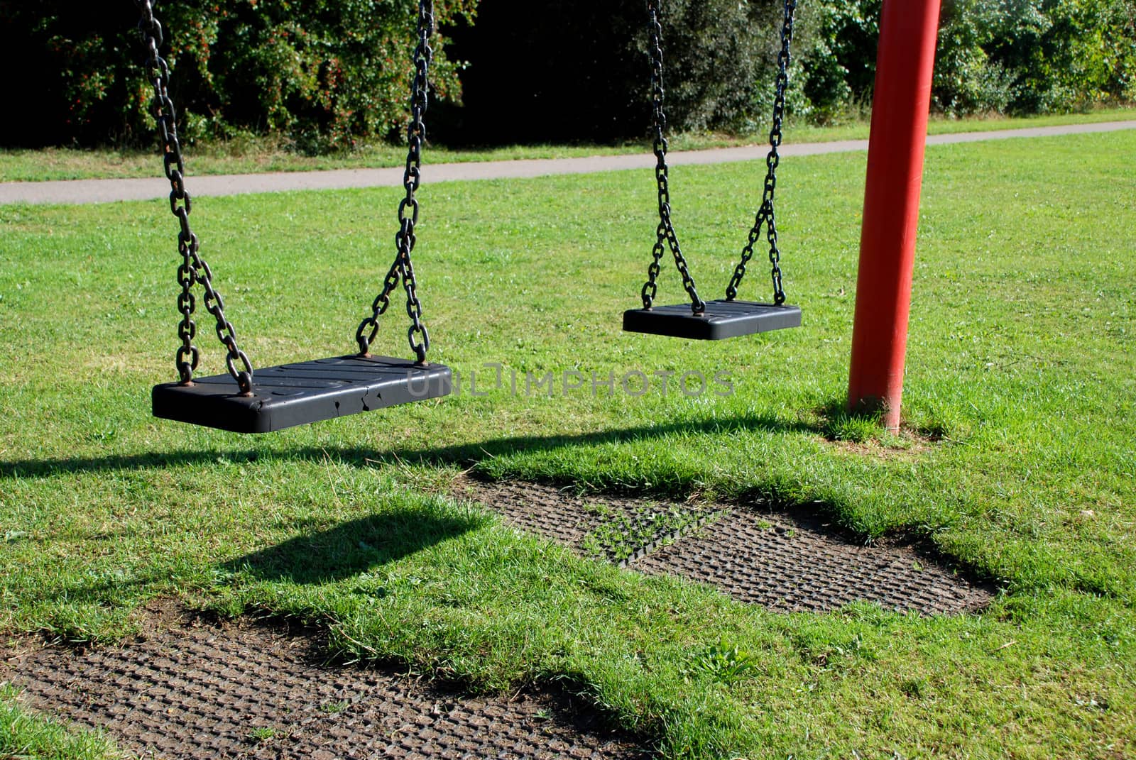 Two empty swing seats on a sunny day